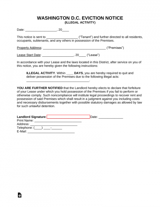 Washington D.C. Eviction Notice for Illegal Activity | 30 days