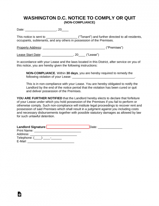 Washington D.C. 30-Day Notice to Comply or Quit