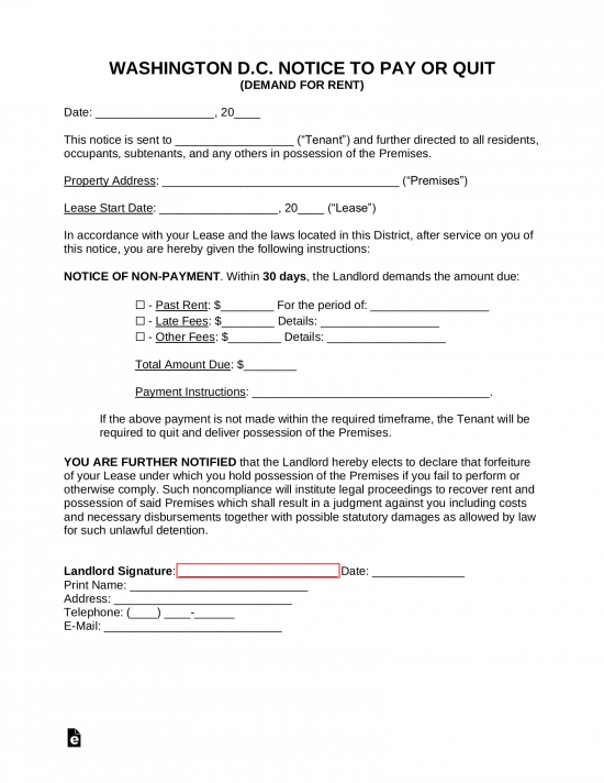 Washington D.C. 30-Day Notice to Pay or Quit | Eviction