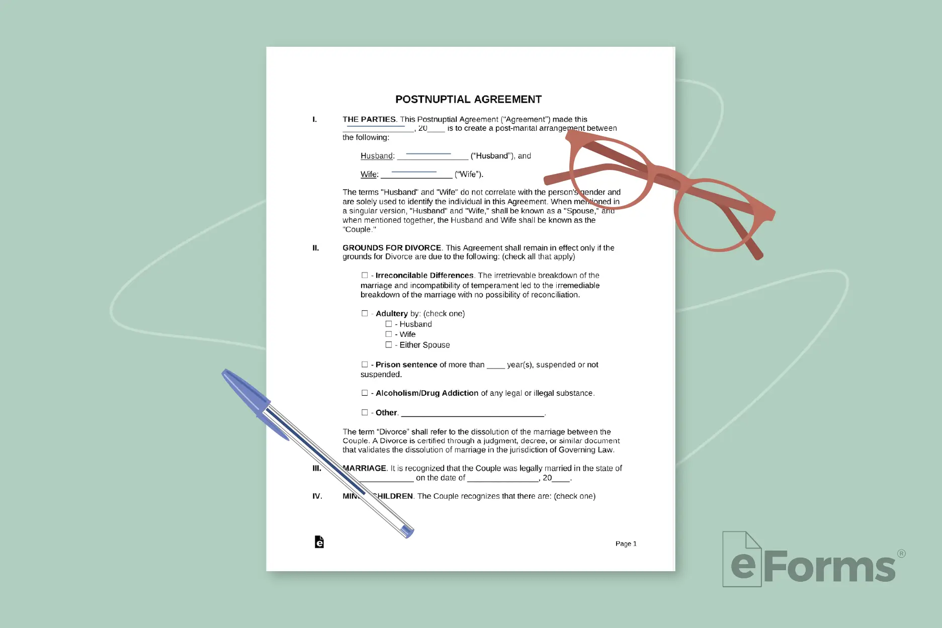 Document with pair of glasses and pen.