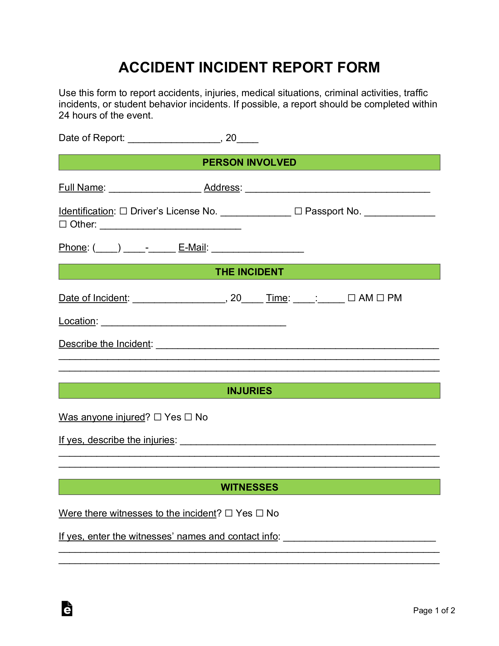 Free Accident Incident Report Form PDF Word eForms