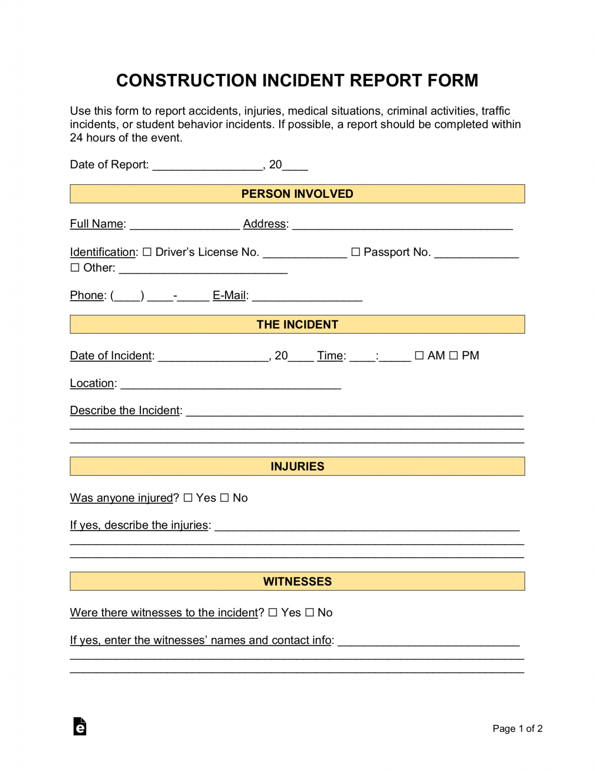 Free Construction Incident Report Template - PDF | Word – EForms