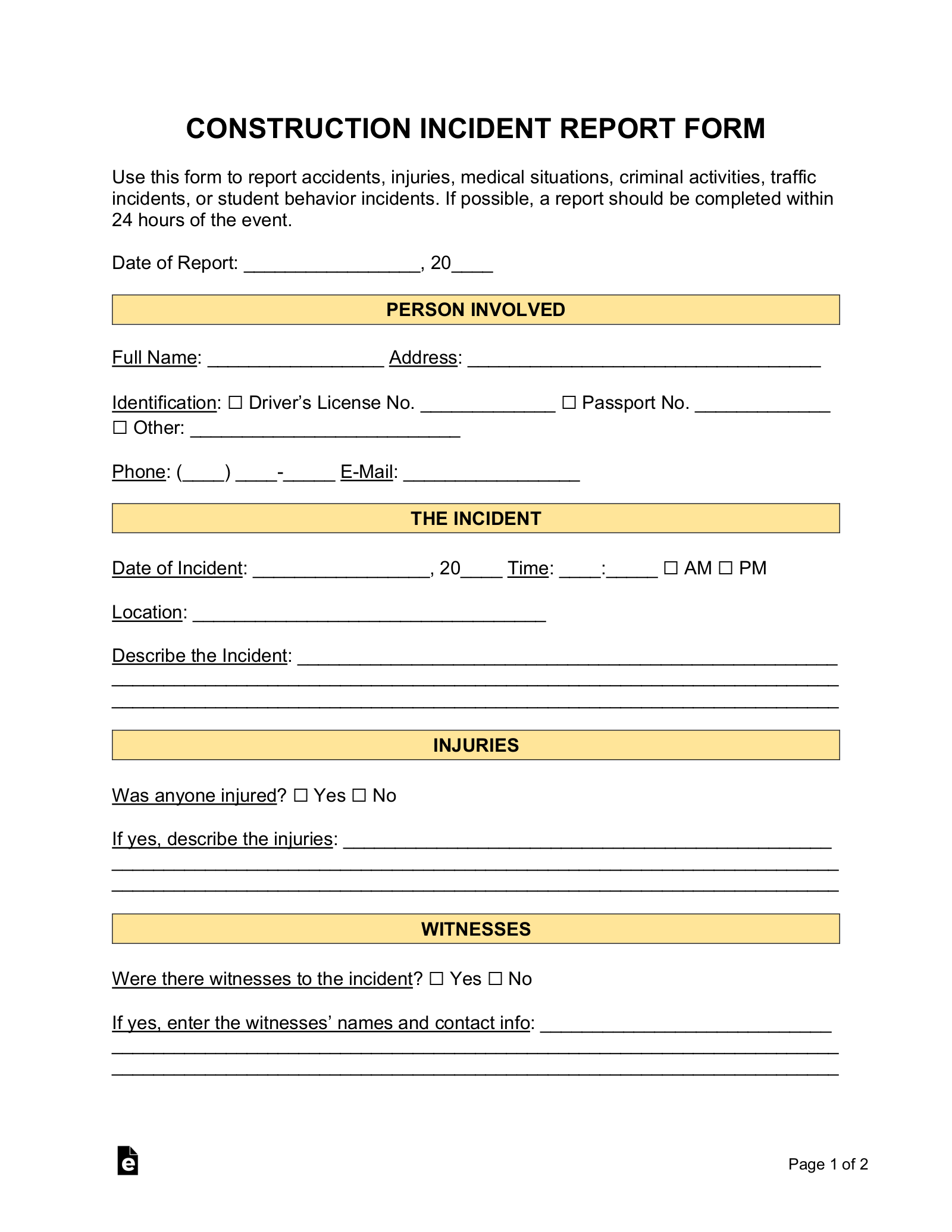 Incident Report Form For Construction Sites