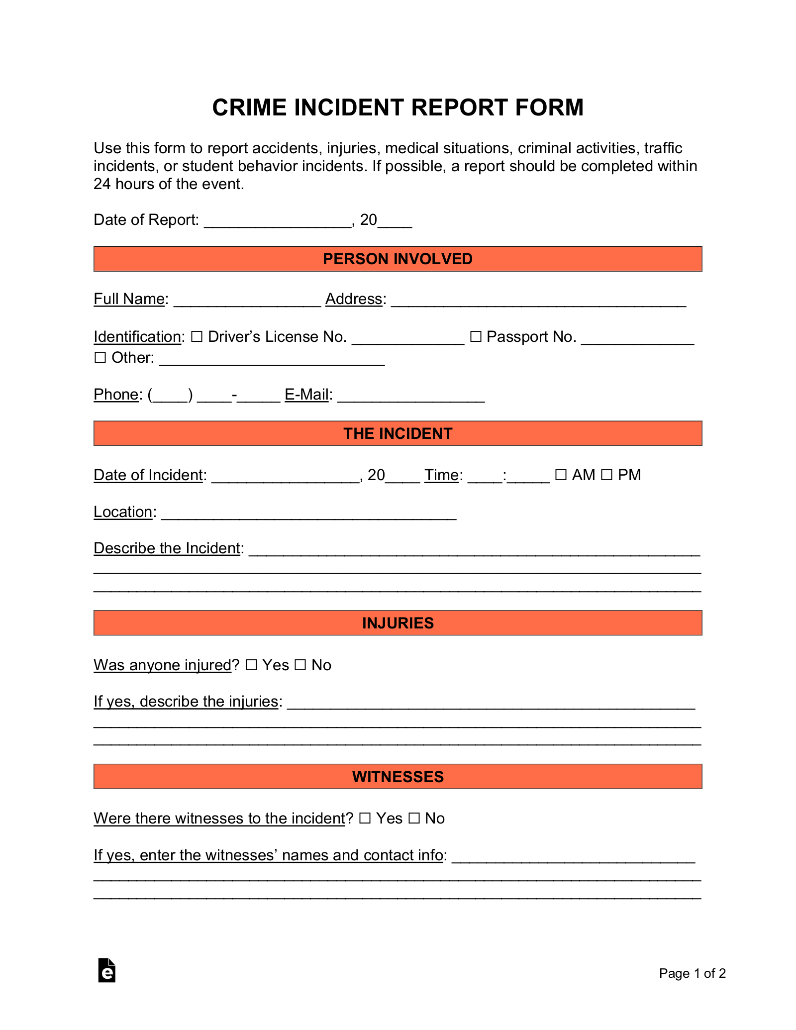 Free Crime Incident Report Form Pdf Word Eforms | Sexiz Pix