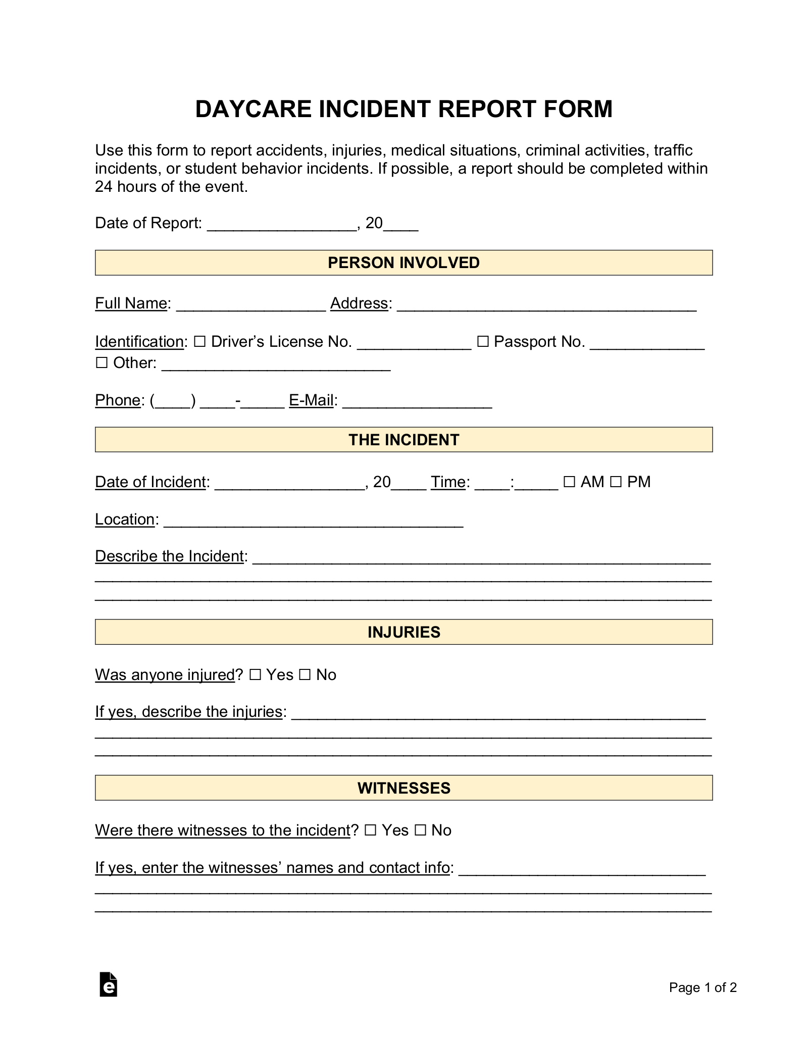 Free Daycare Incident Report Form PDF Word eForms