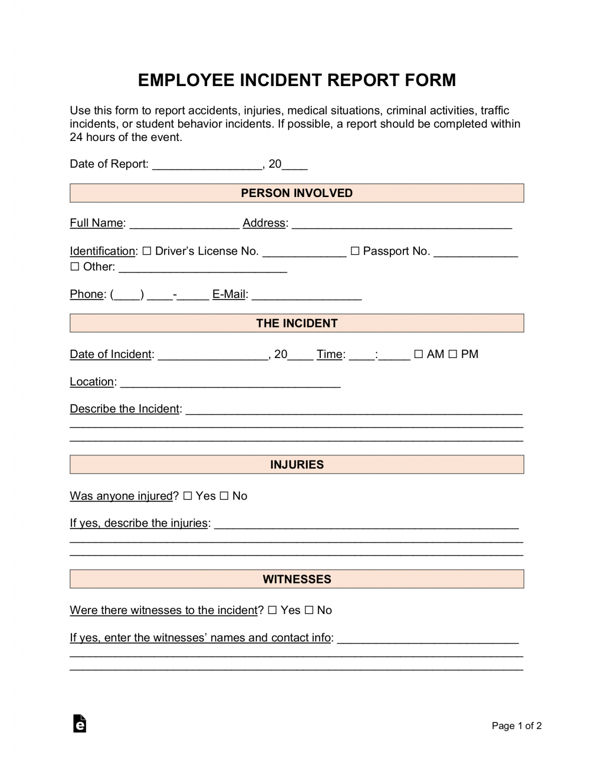 Free Employee Incident Report Template - PDF | Word – eForms