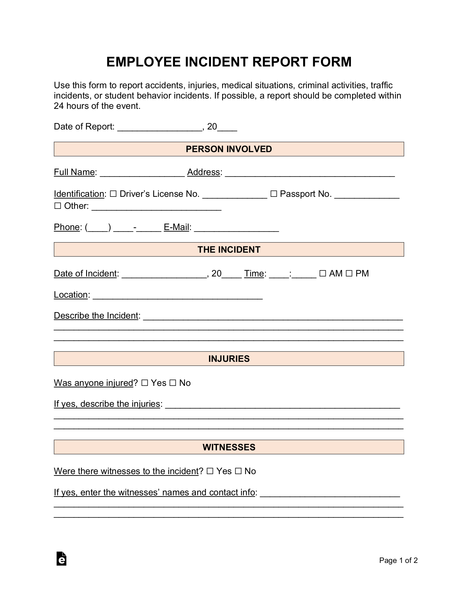 Workplace Incident Report Template Word Free Printable