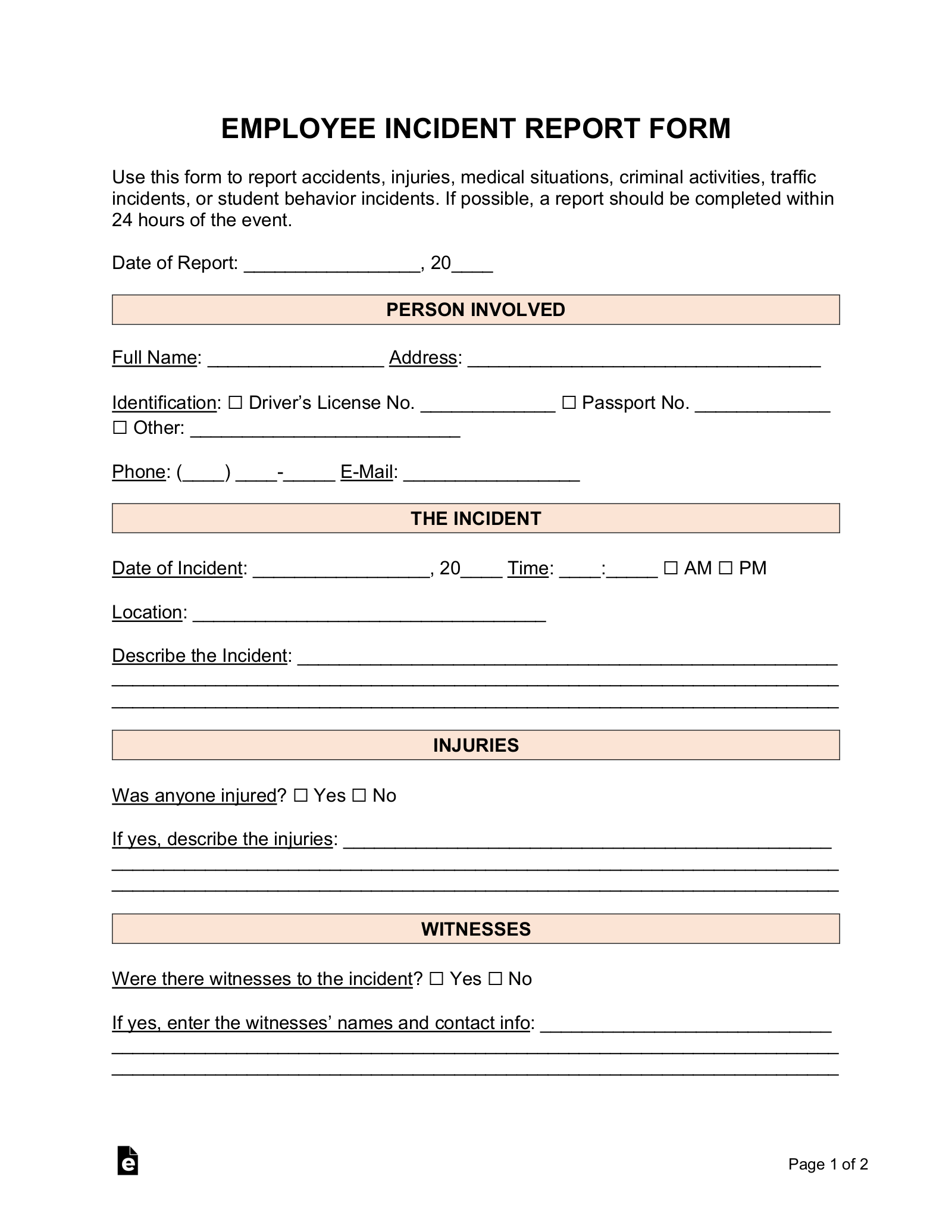 Employee Incident Report Template