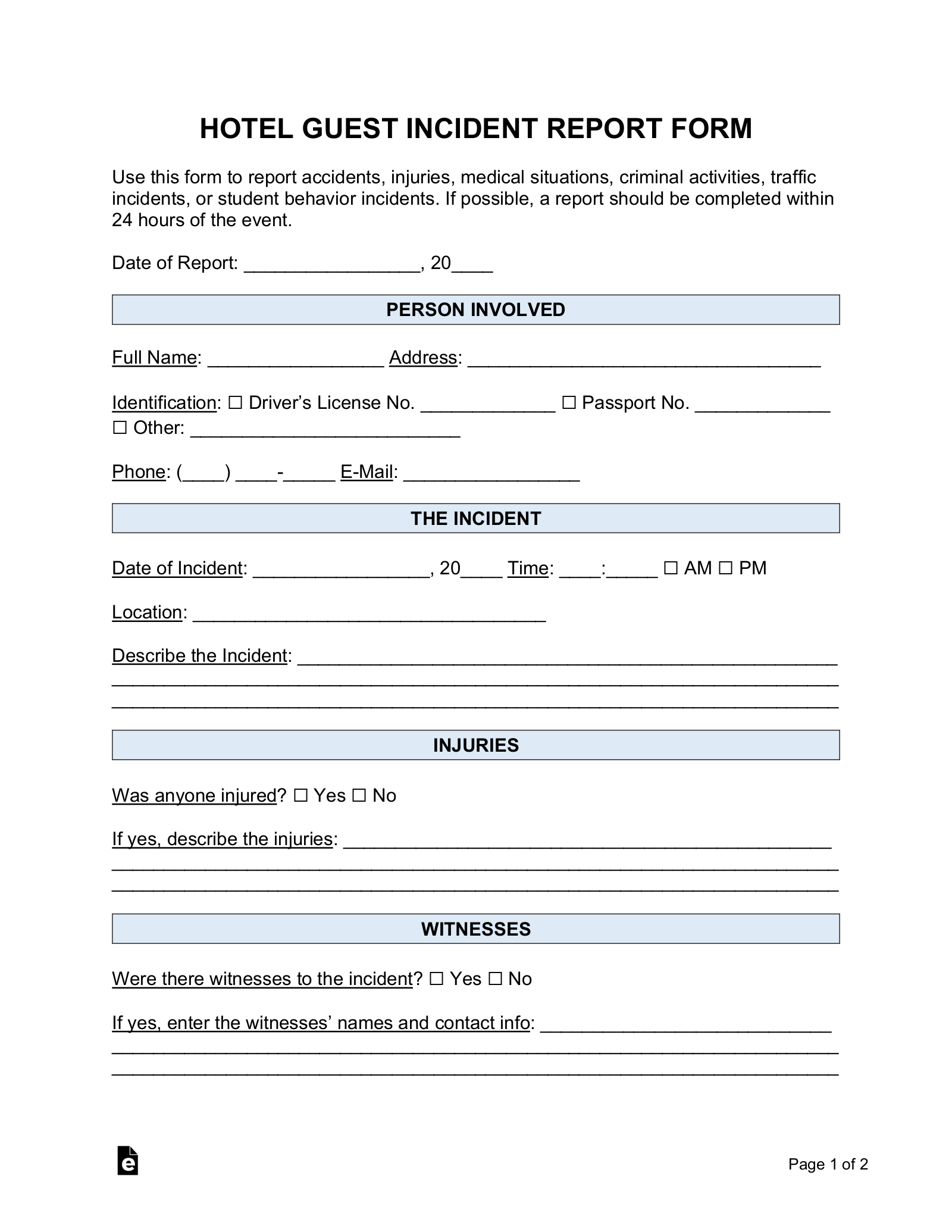 Free Hotel Guest Incident Report Form - PDF | Word – eForms