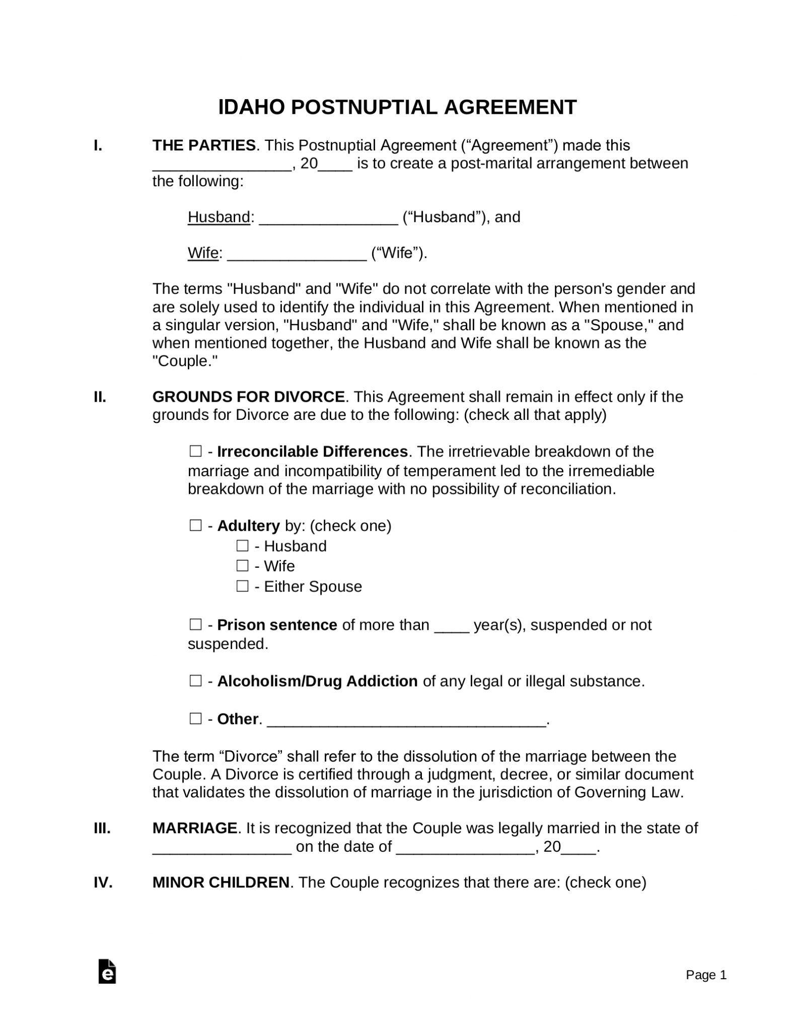 Free Idaho Postnuptial Agreement Template - PDF | Word – eForms