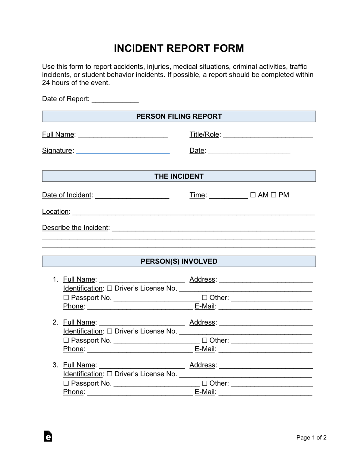 Free Incident Report Templates (18) | Sample - PDF | Word – eForms