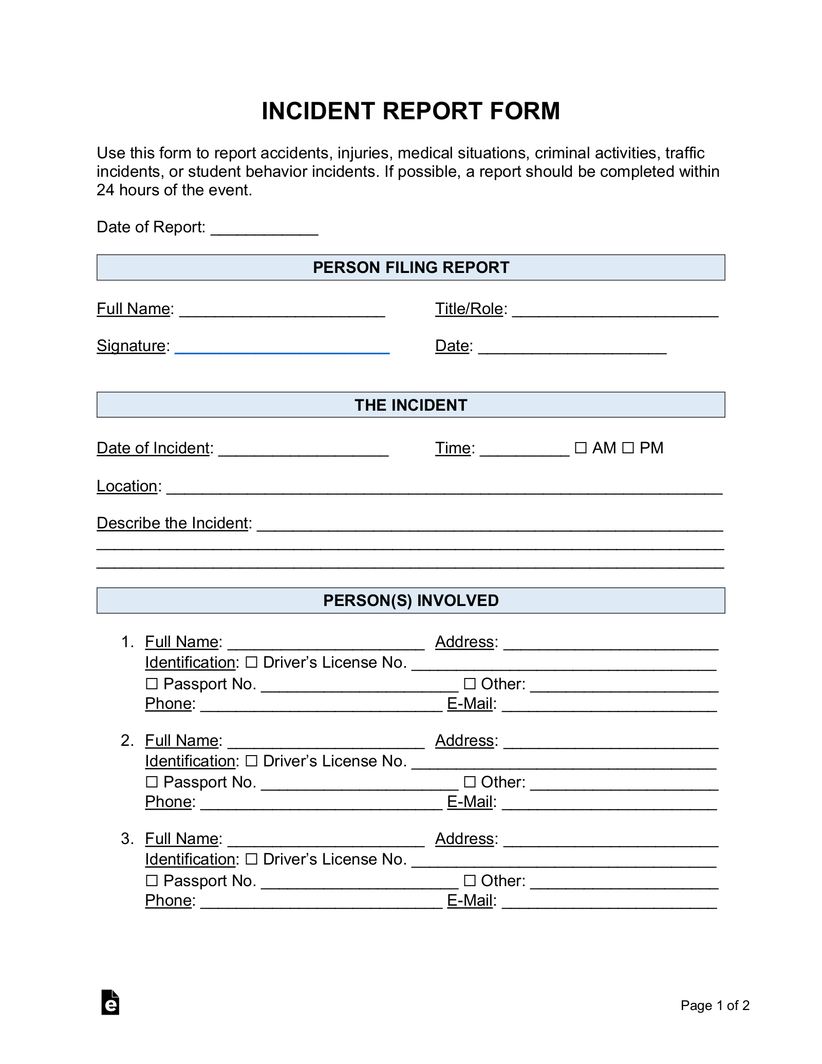 Free Incident Report Templates Sample PDF Word EForms