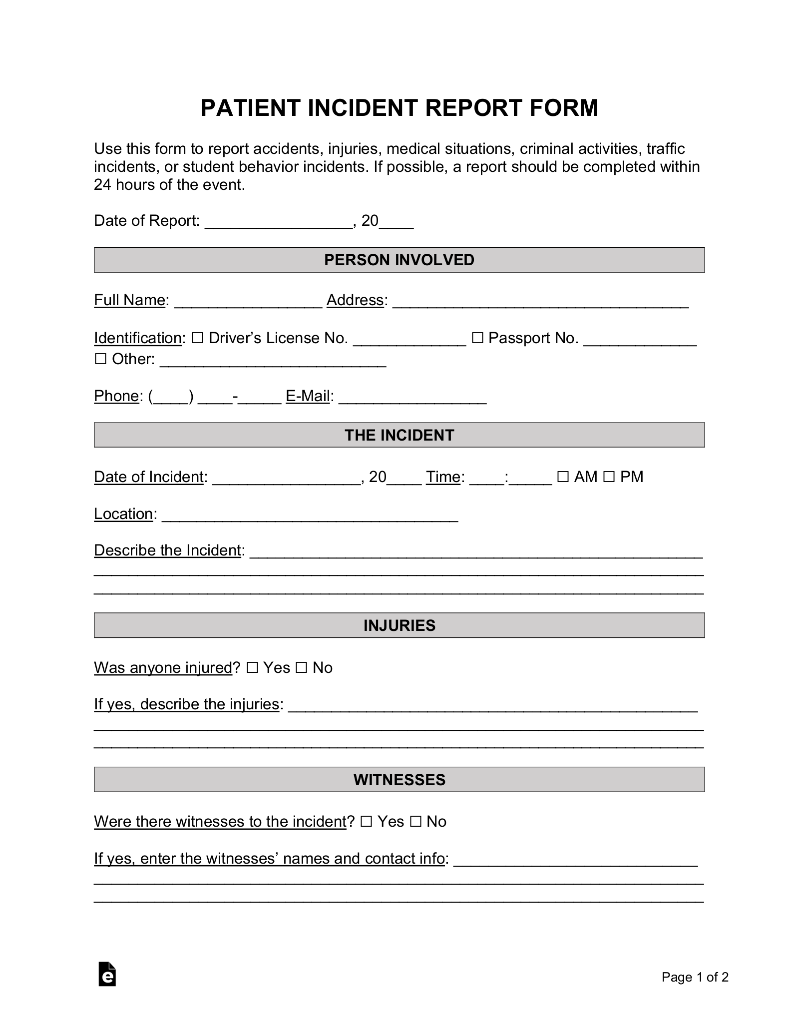 Patient (Medical) Incident Report Form
