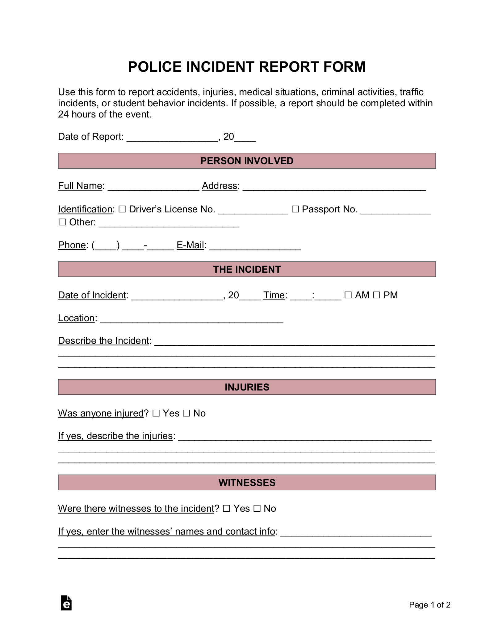 Police Incident Report Form