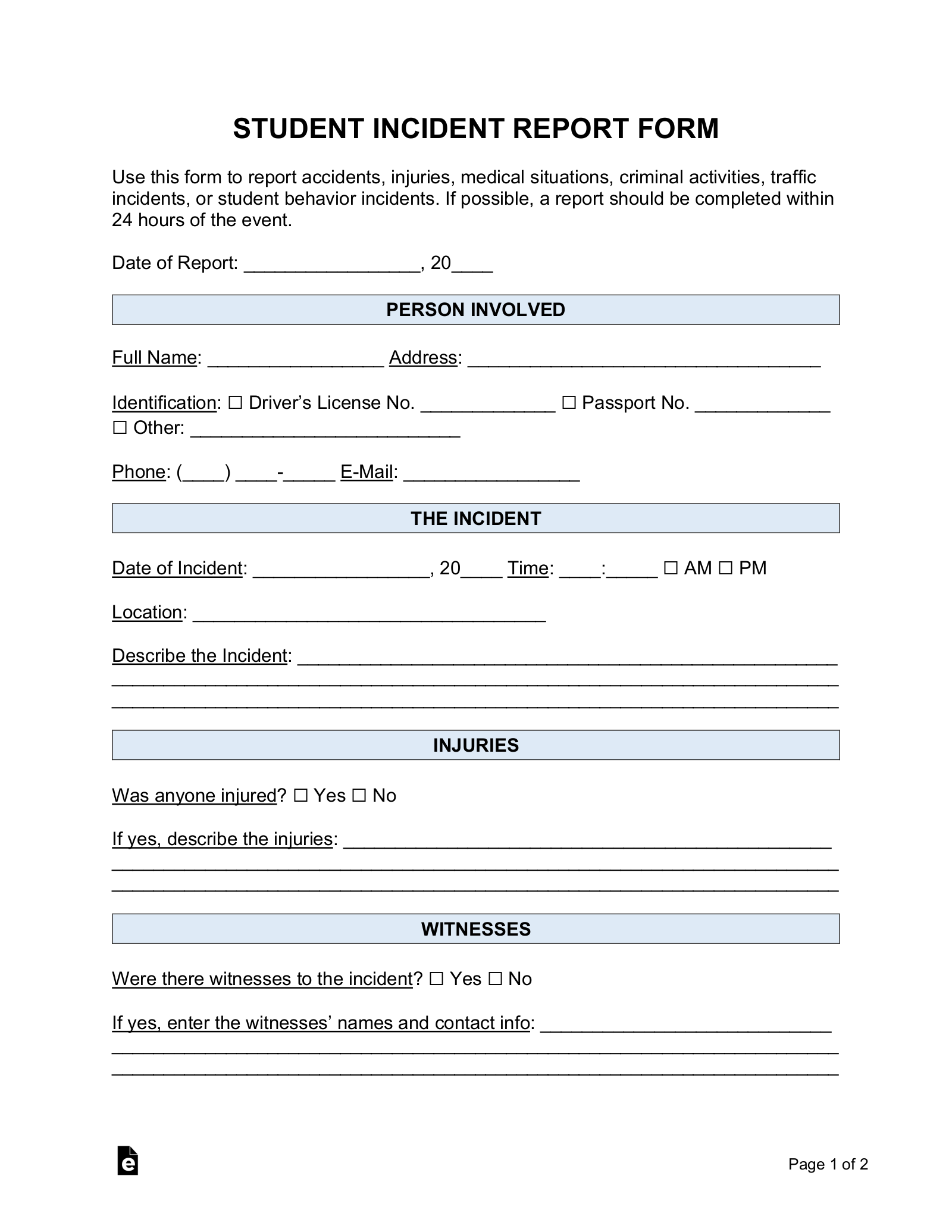 Free Student Incident Report Template PDF Word eForms