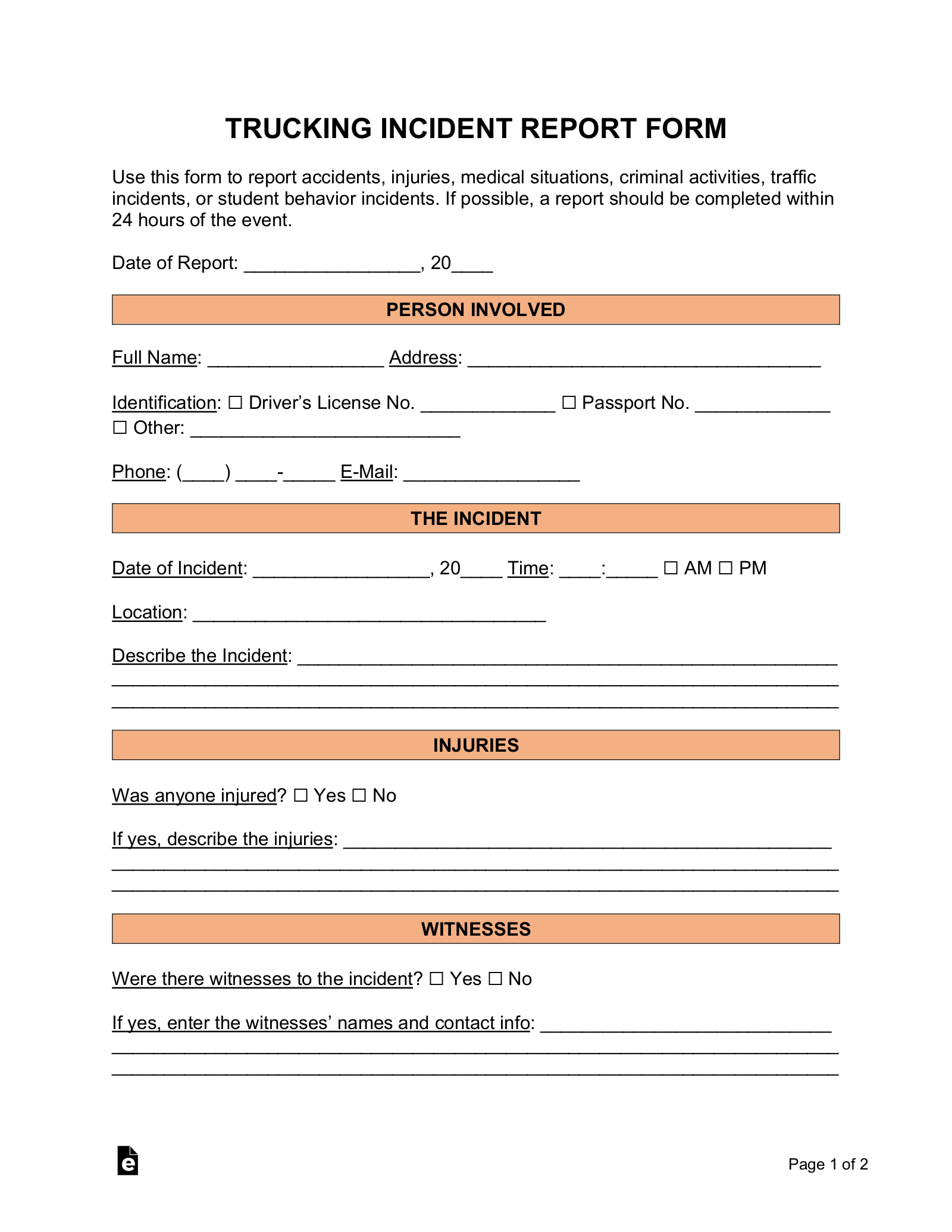 Trucking Incident Report Template