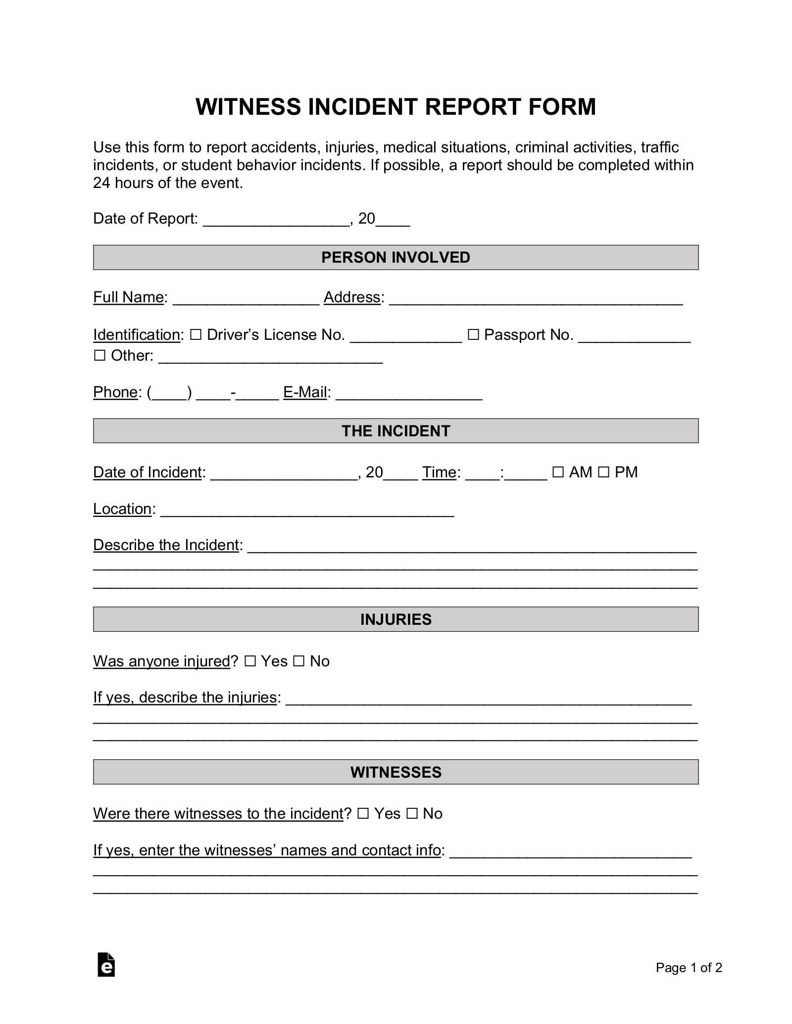 Witness (Statement) Incident Report Form