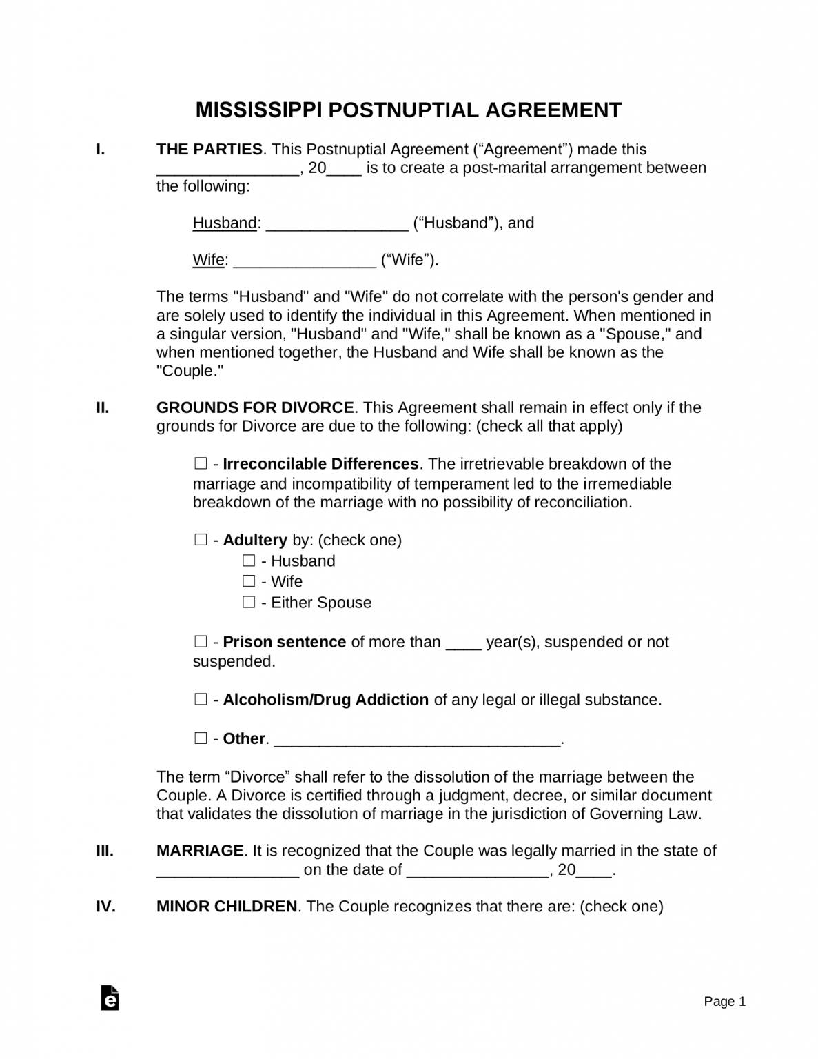 Free Mississippi Separation Agreement Template Pdf Word Eforms 2818