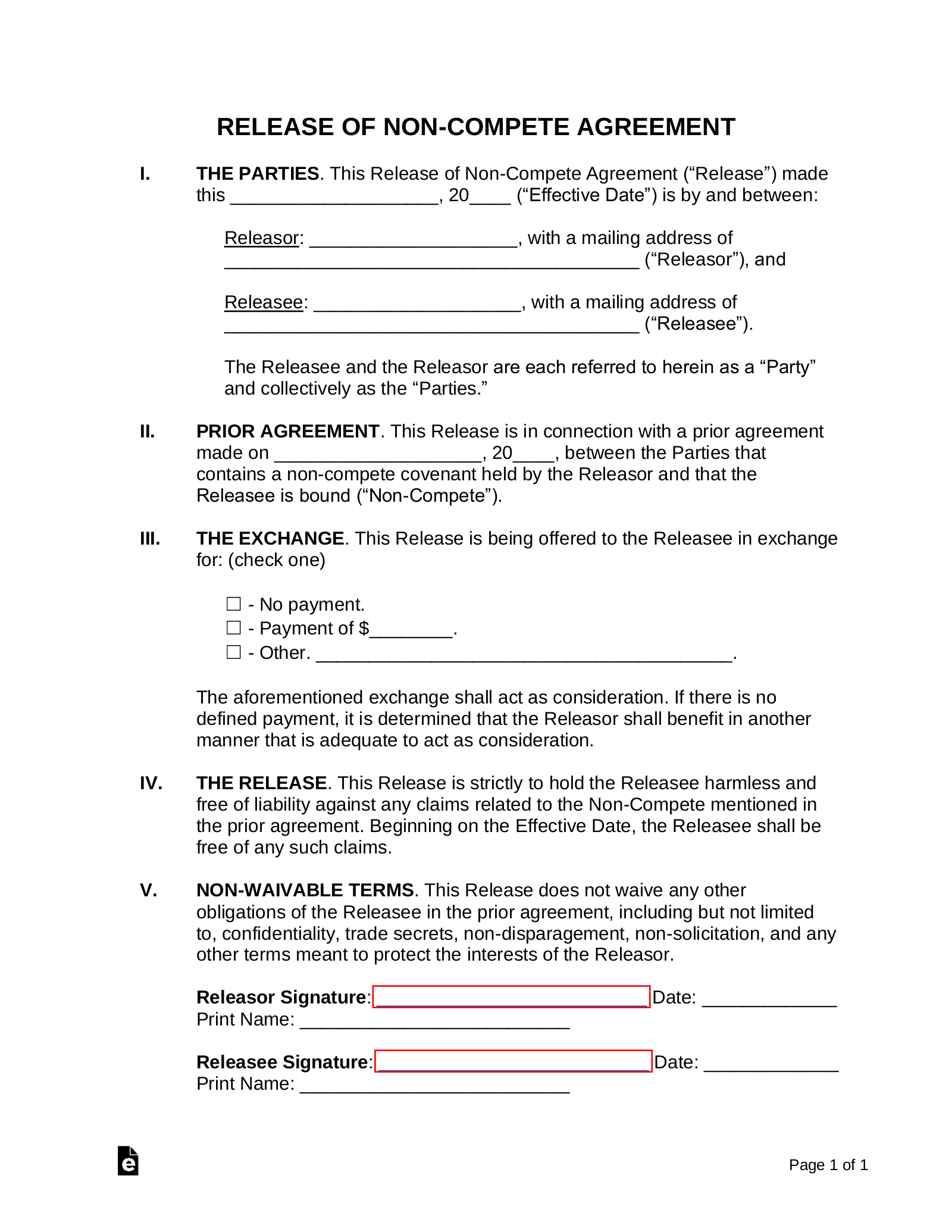 Non-Compete Release Form