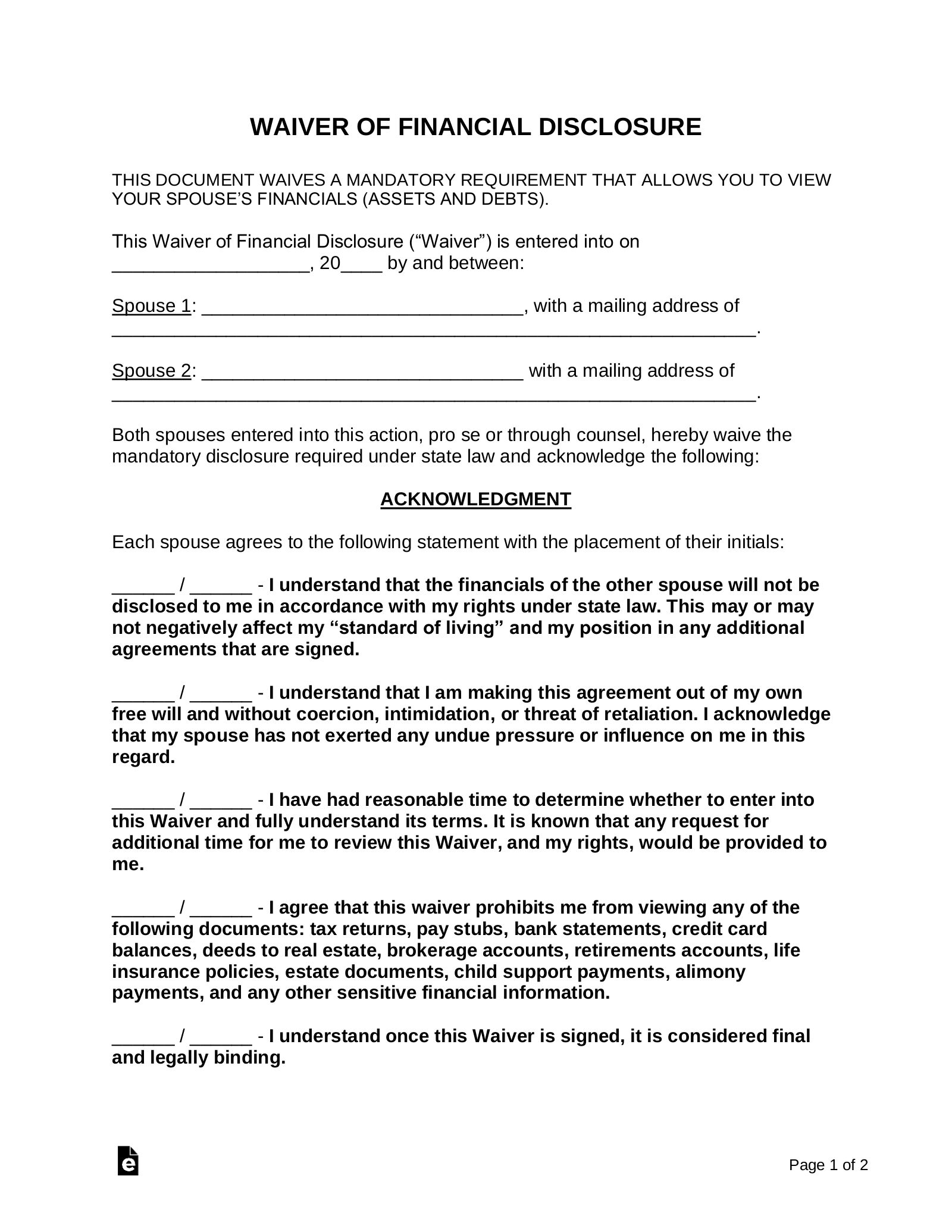 Waiver of Financial Disclosure Affidavit