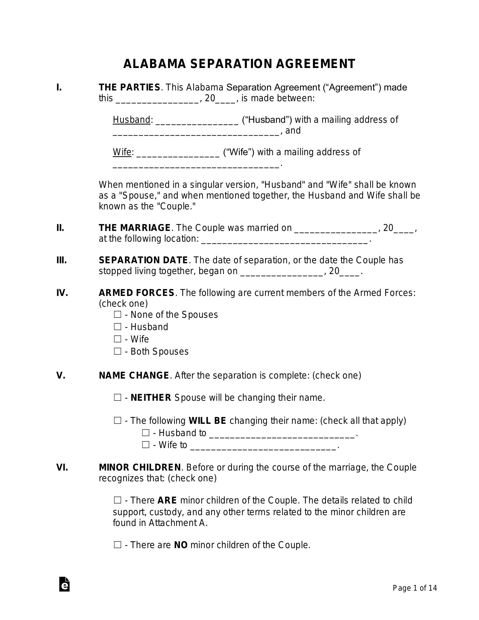 Free Alabama Separation Agreement Template PDF Word EForms