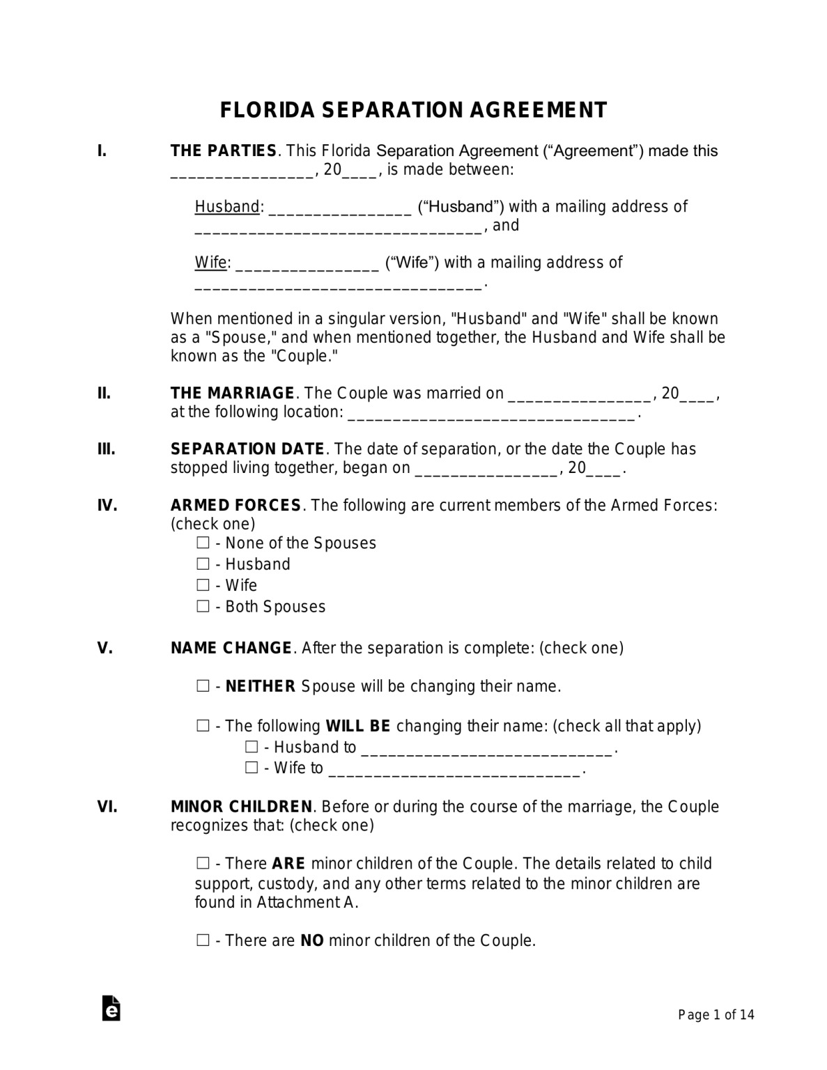 Free Florida Separation Agreement Template PDF Word EForms