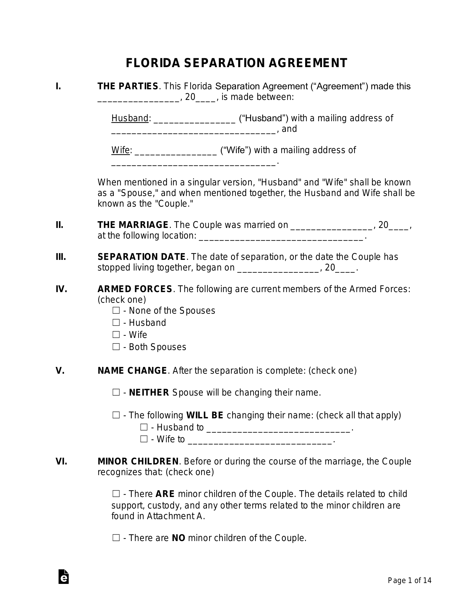 Florida Separation Agreement Template