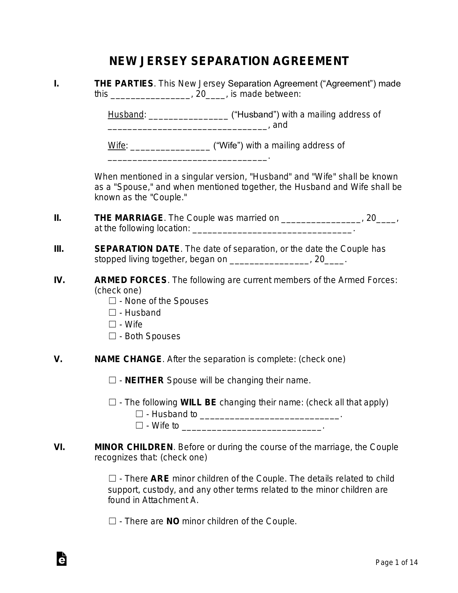 Free New Jersey Separation Agreement Template PDF Word EForms
