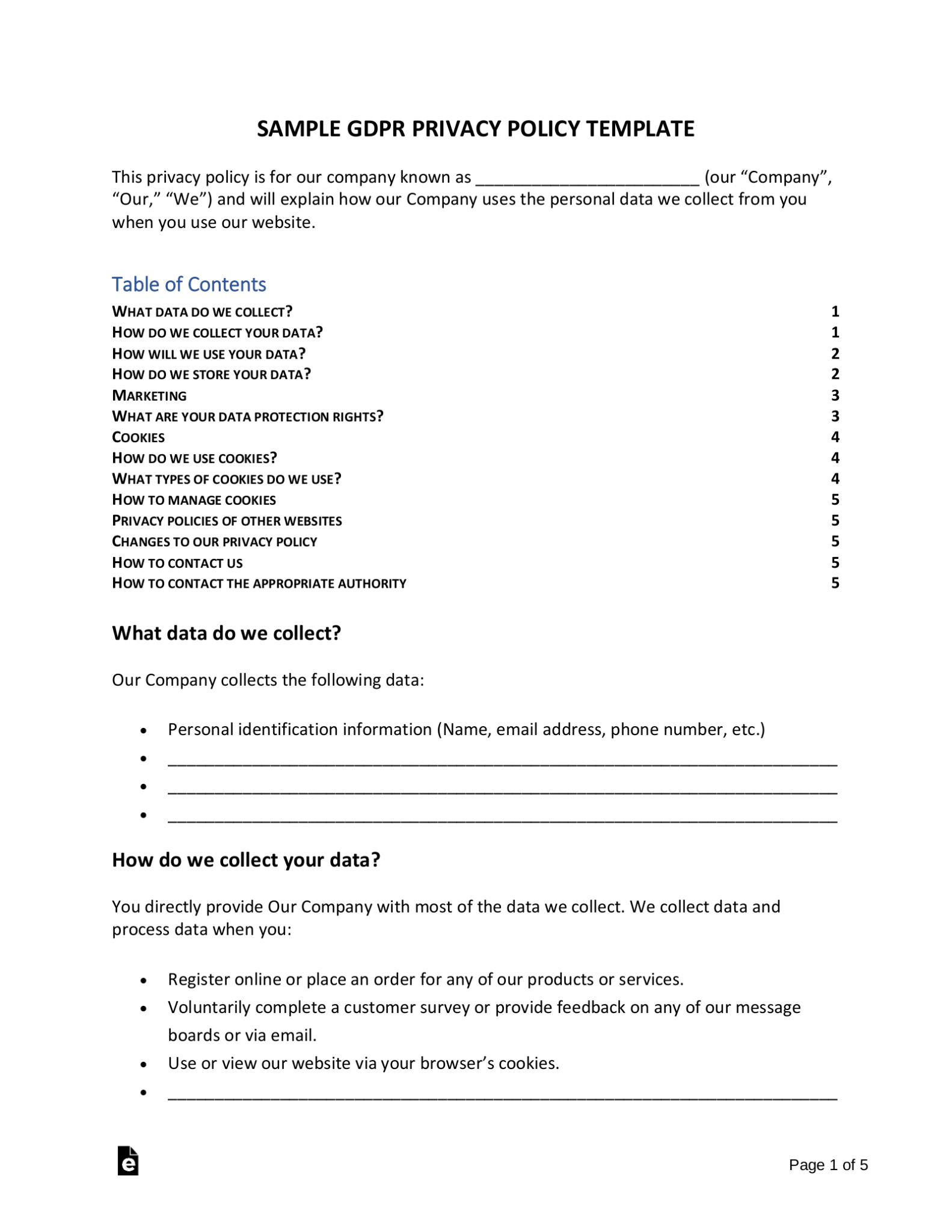 Free GDPR Privacy Policy Template Generator PDF Word EForms