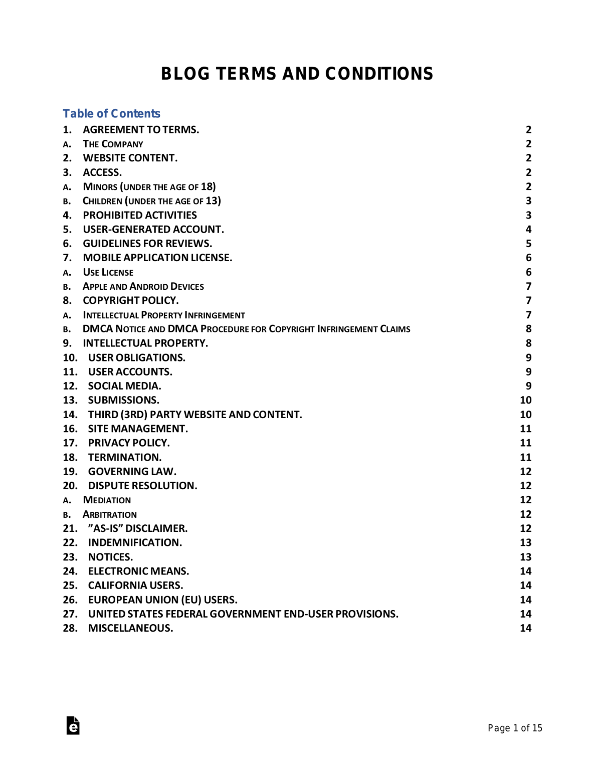 Free Blog Terms and Conditions Template & Generator PDF Word eForms