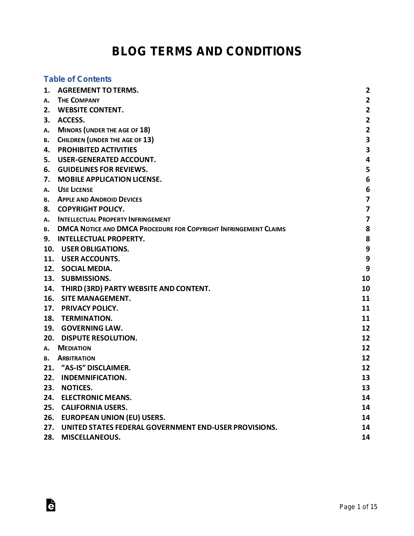 Free Blog Terms And Conditions Template Generator PDF Word EForms