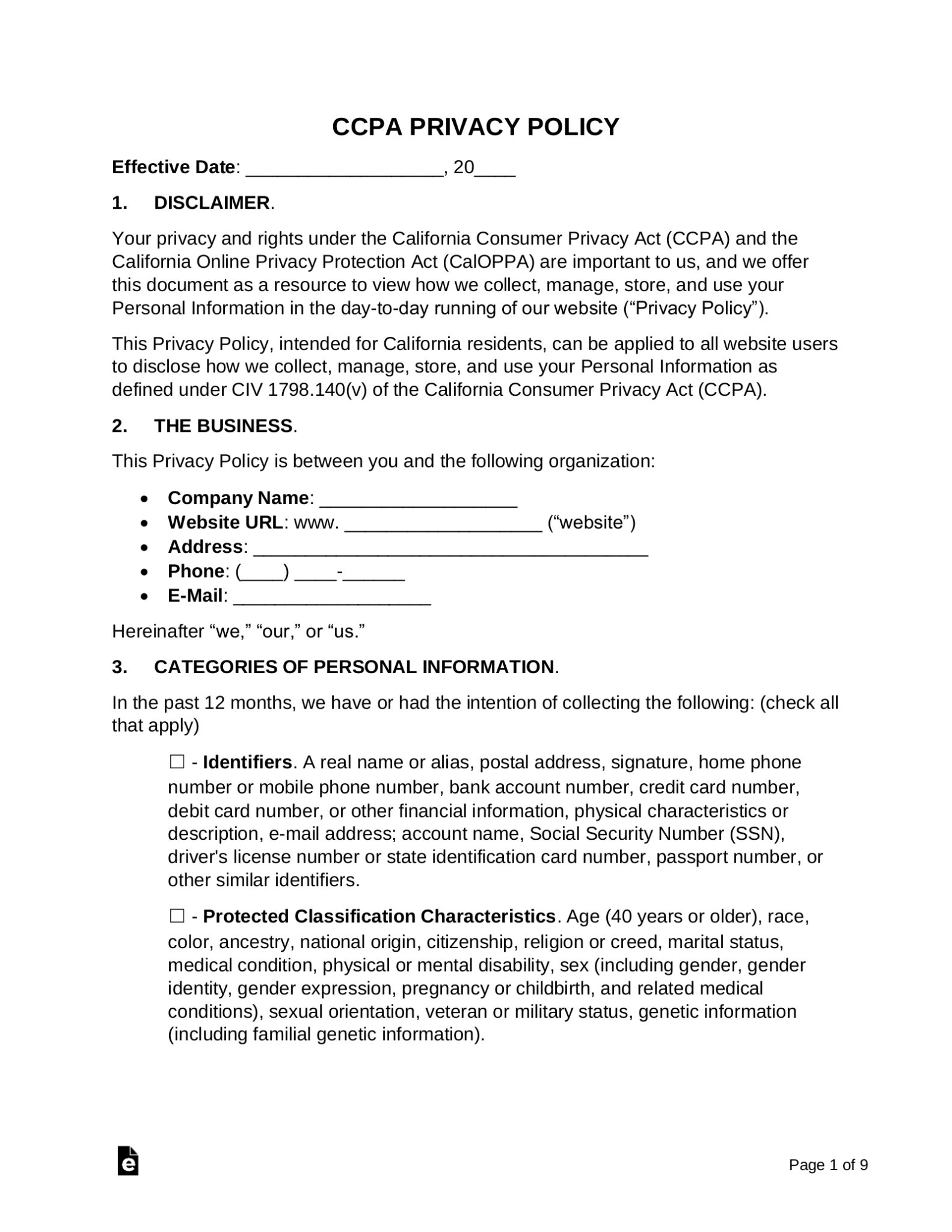 Free CCPA Privacy Policy Template Generator PDF Word EForms