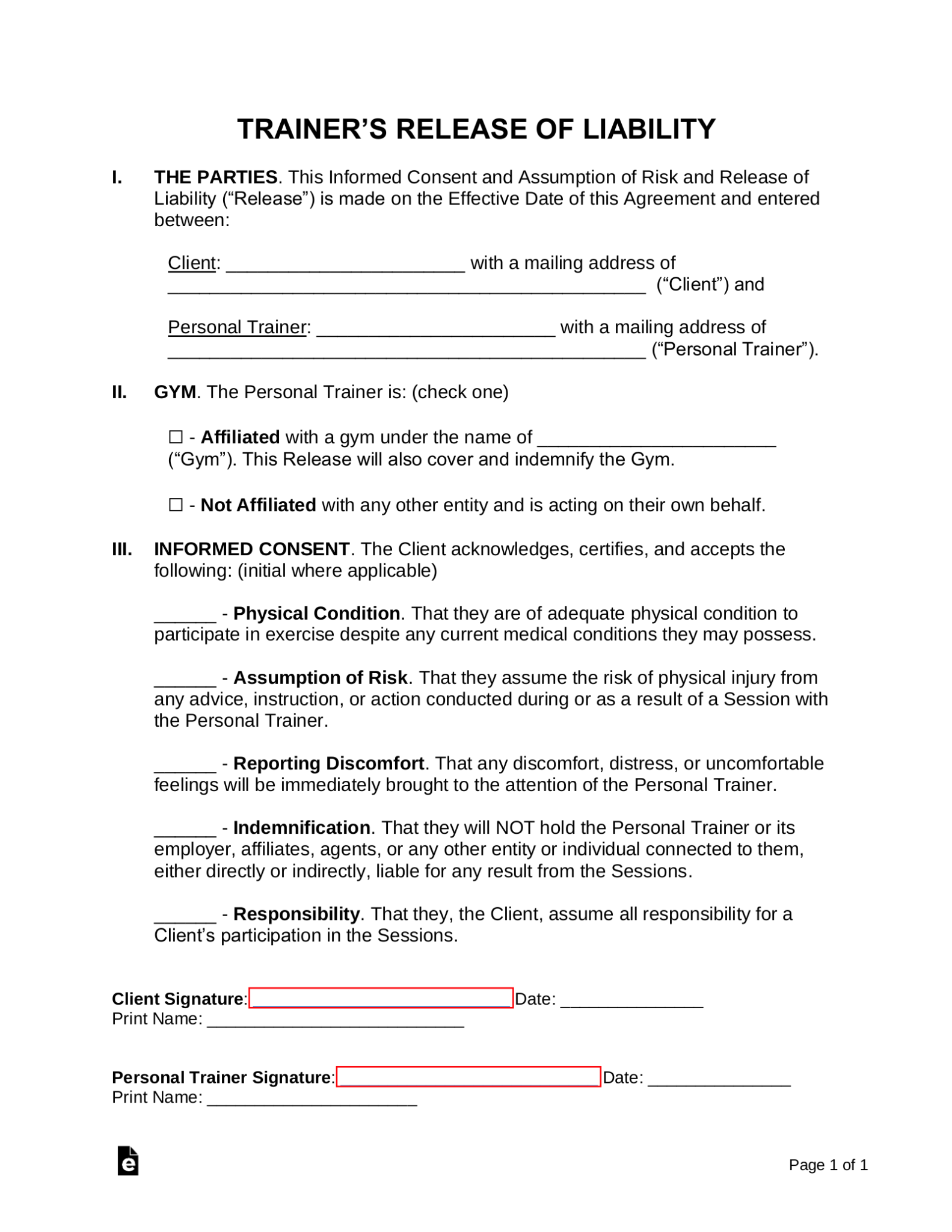 Free Personal Training Waiver and Release Form - PDF | Word – eForms