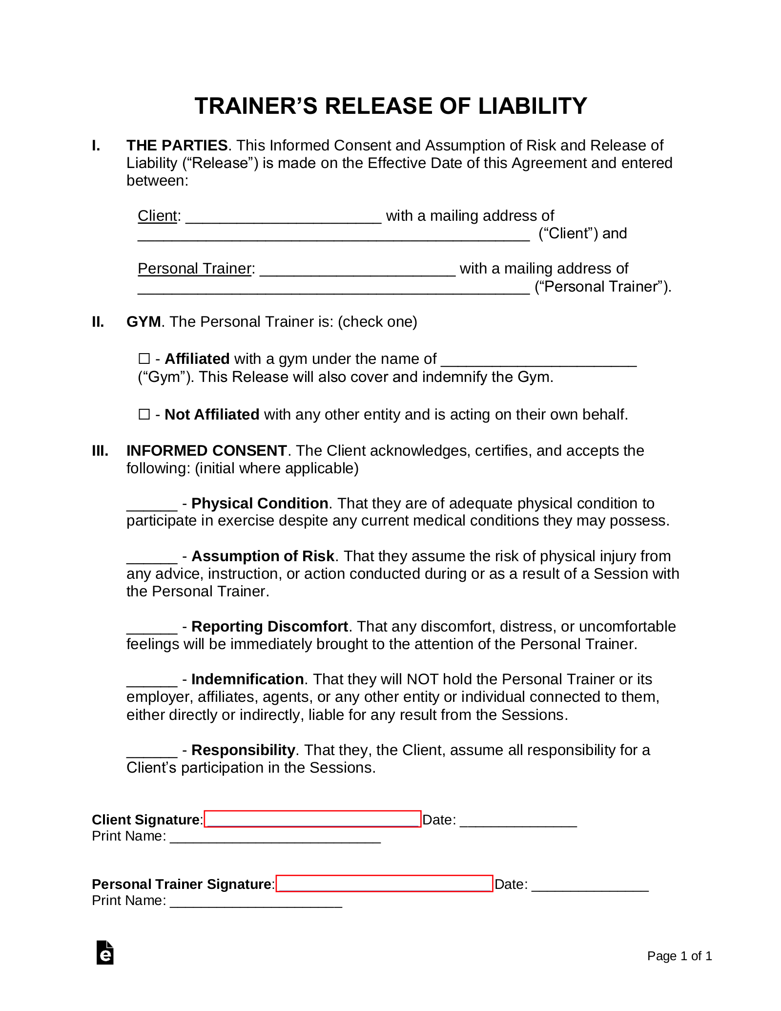 Free Personal Training Waiver And Release Form PDF Word EForms