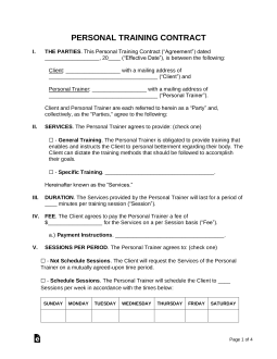 Free Personal Training Contract Template PDF Word eForms