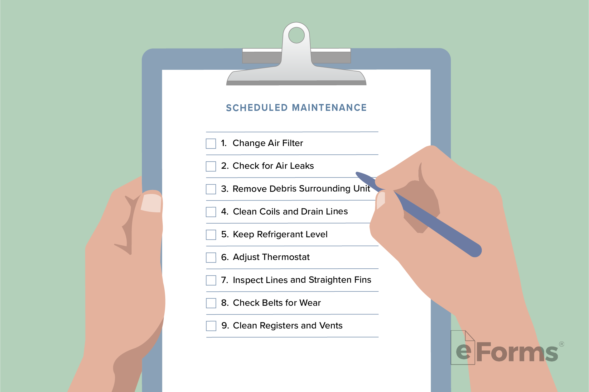 Clipboard with pair of hands with list of services.