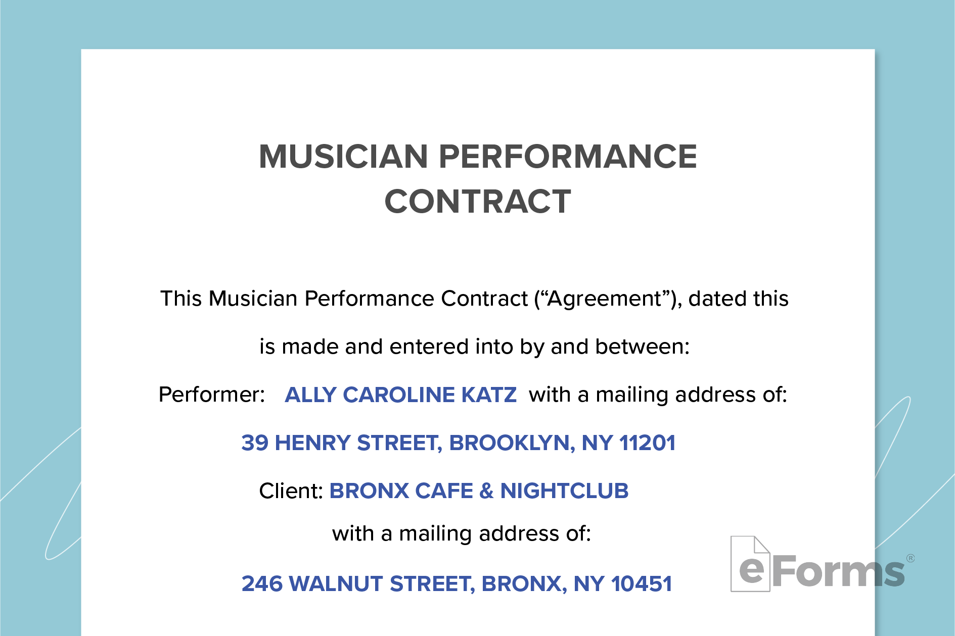 Musician Performance Contract form.