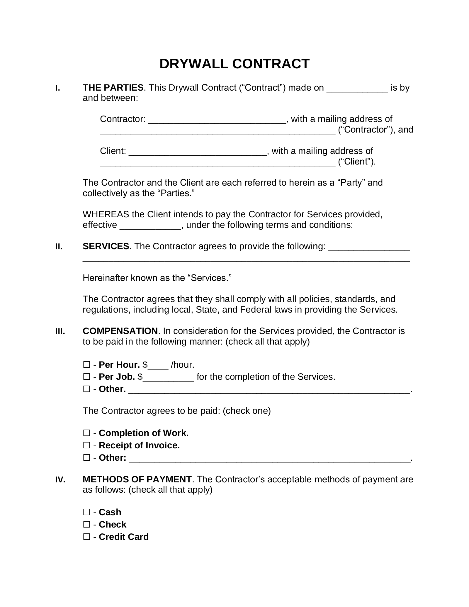 Free Drywall Contract Template PDF Word EForms