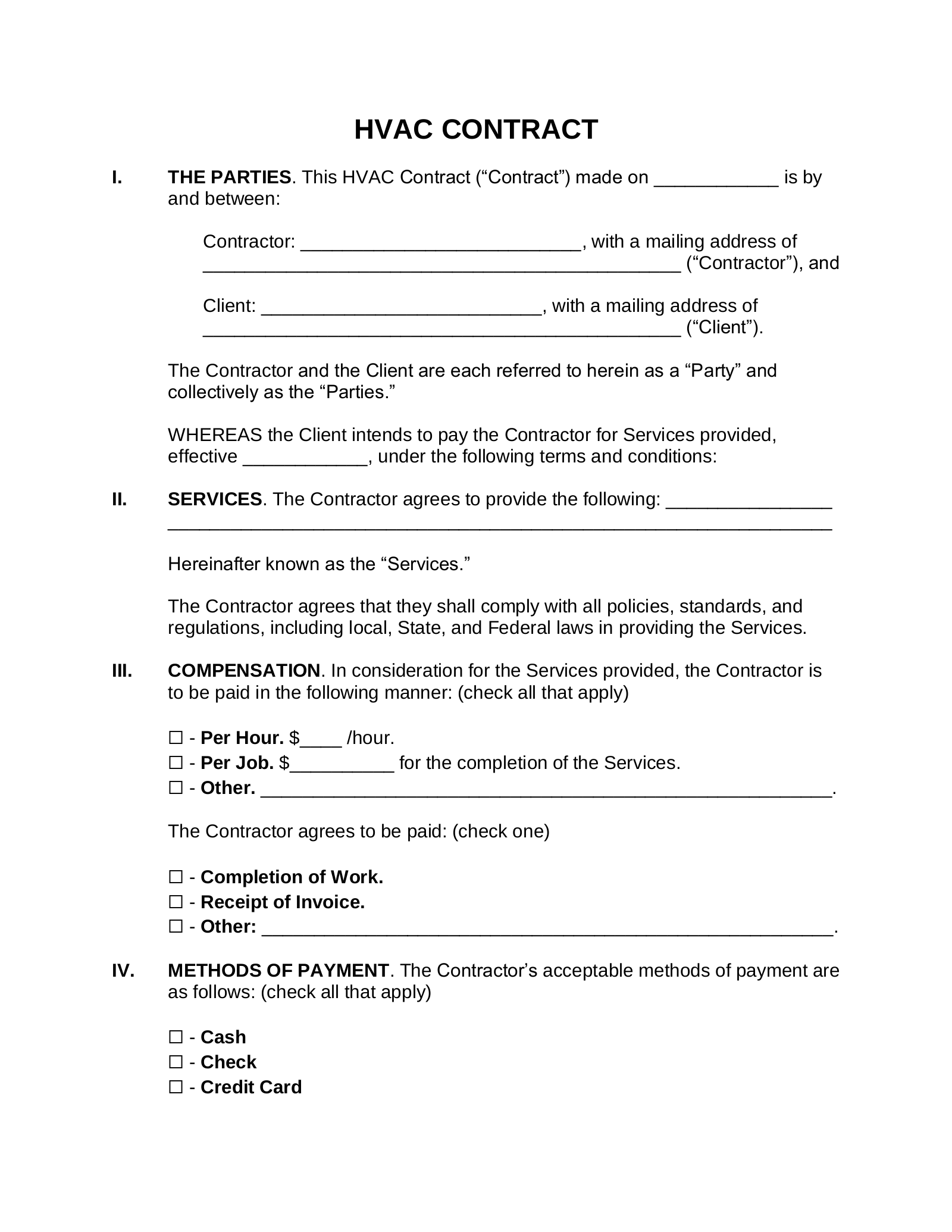 Free HVAC Contract Template PDF Word eForms