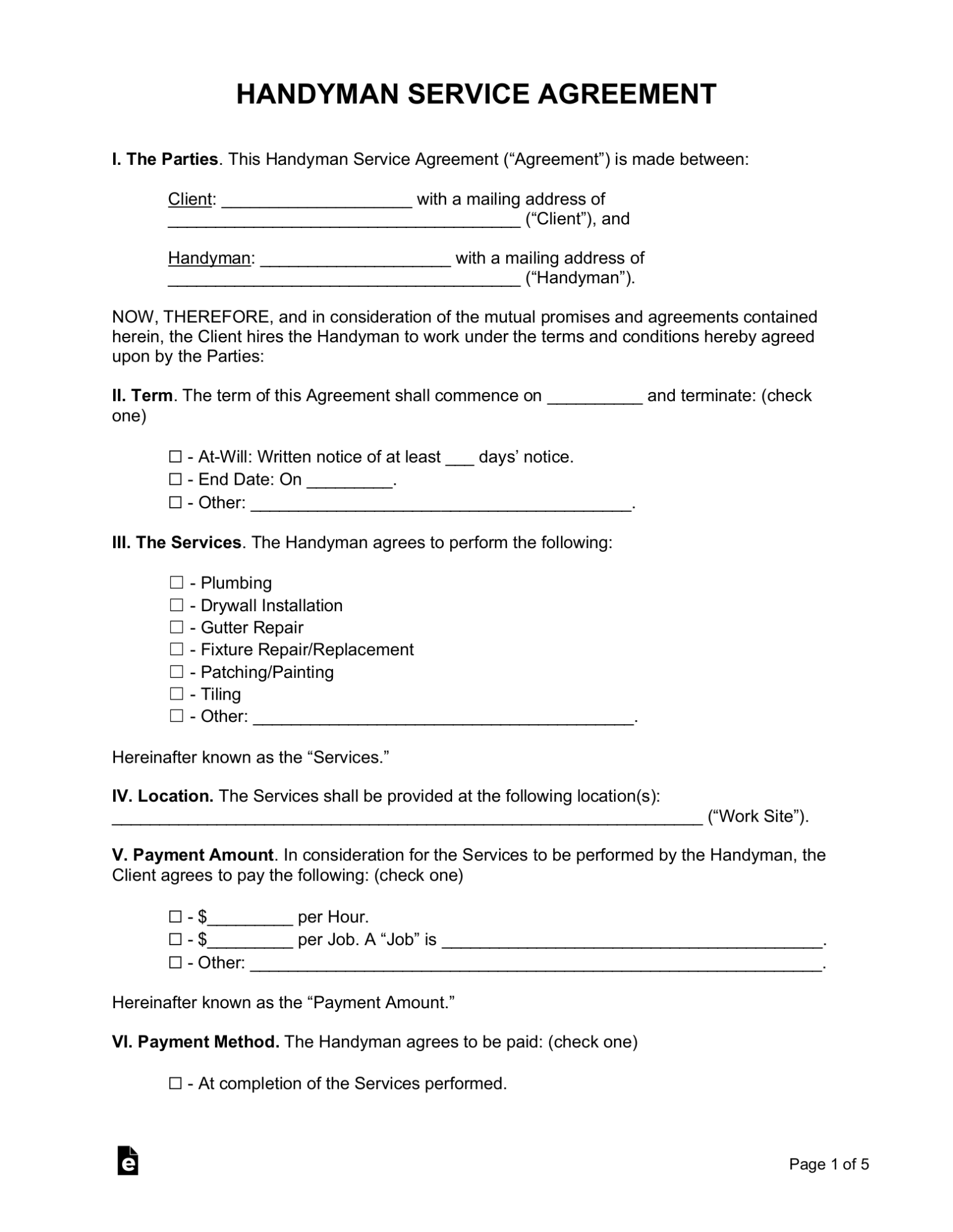 Free Handyman Contract PDF Word eForms