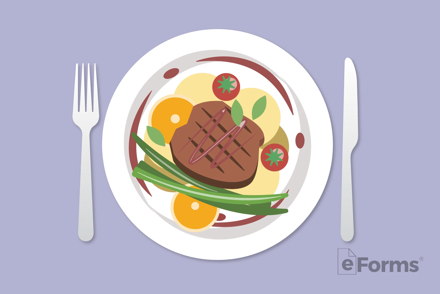 Food on a plate with knife and fork.