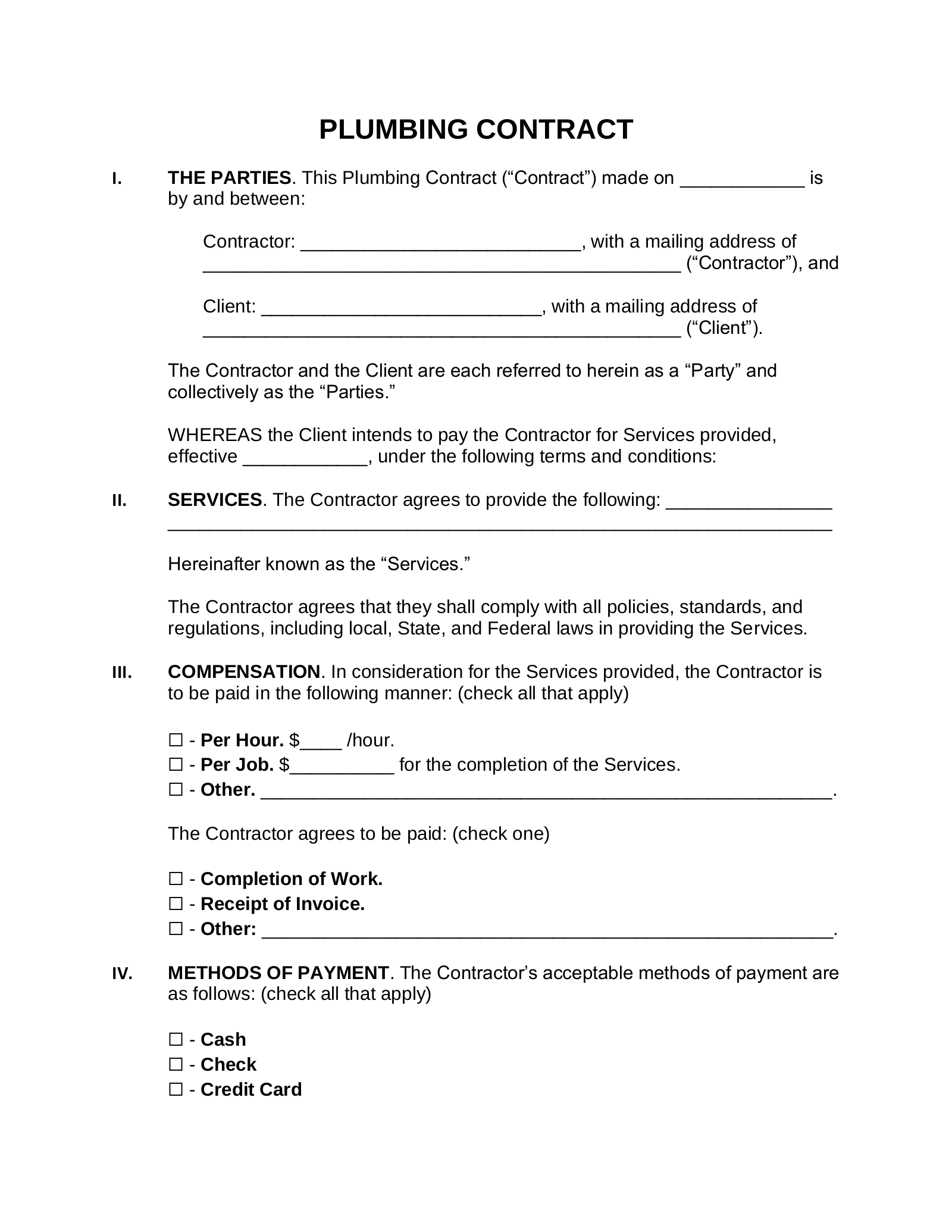 Free Plumbing Contract Template PDF Word EForms