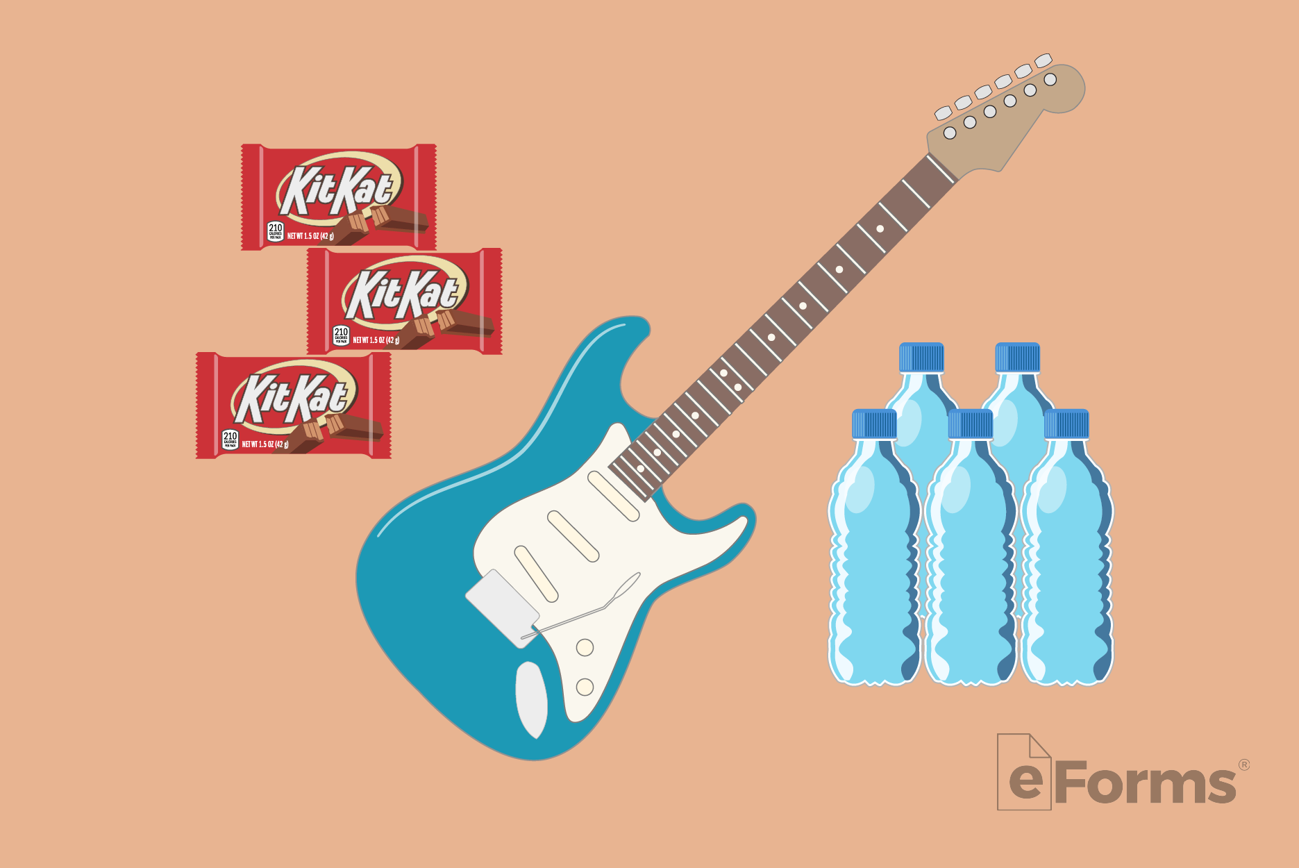 Guitar with candy bars and water bottles.