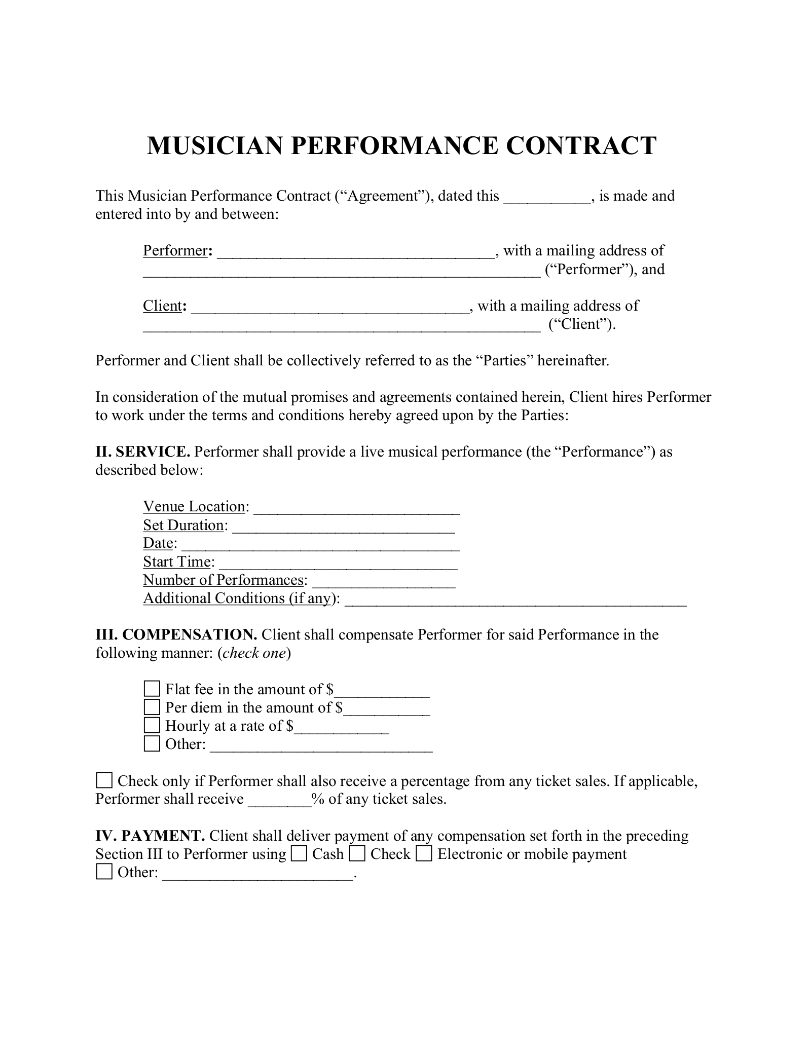 Musician Performance Contract Template