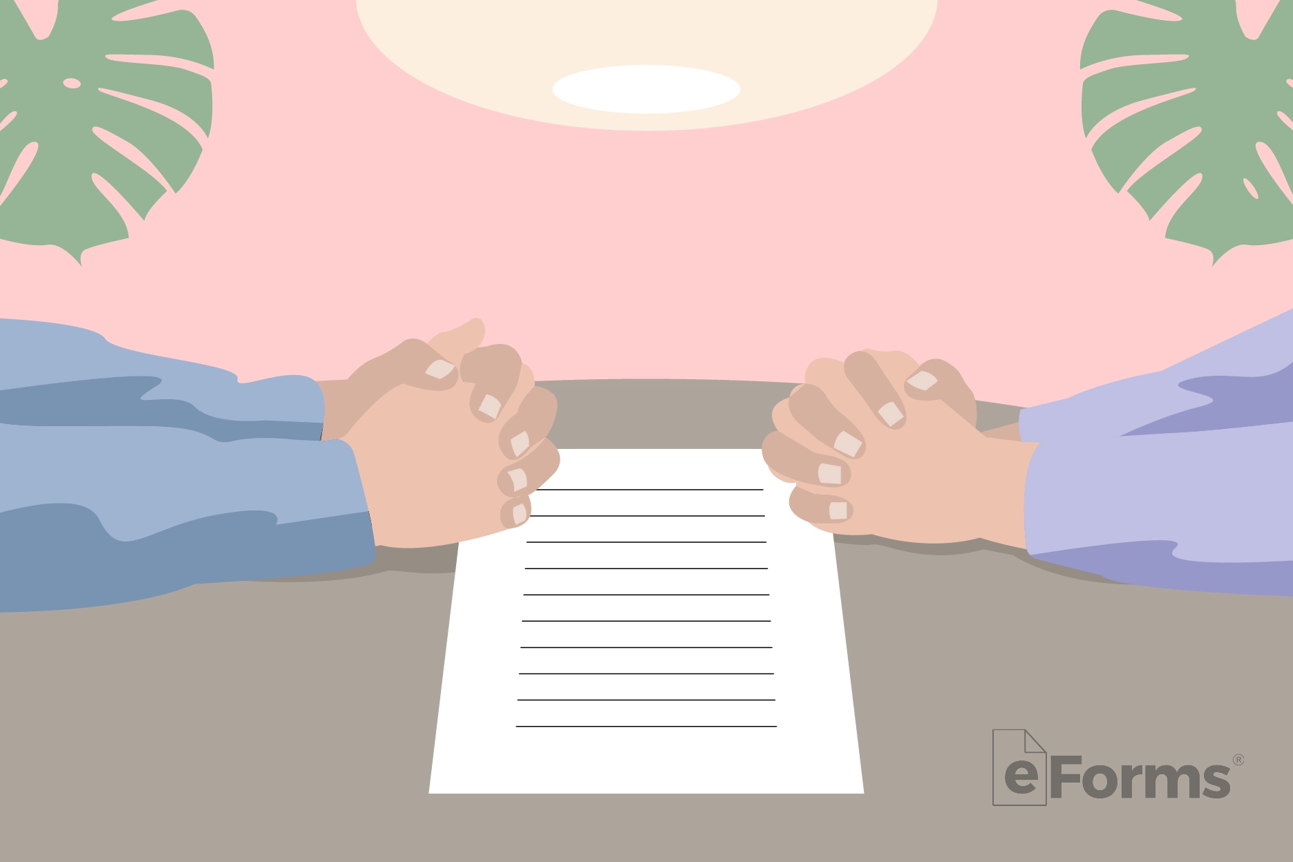 Two persons with hands and arms on table with a document between them.