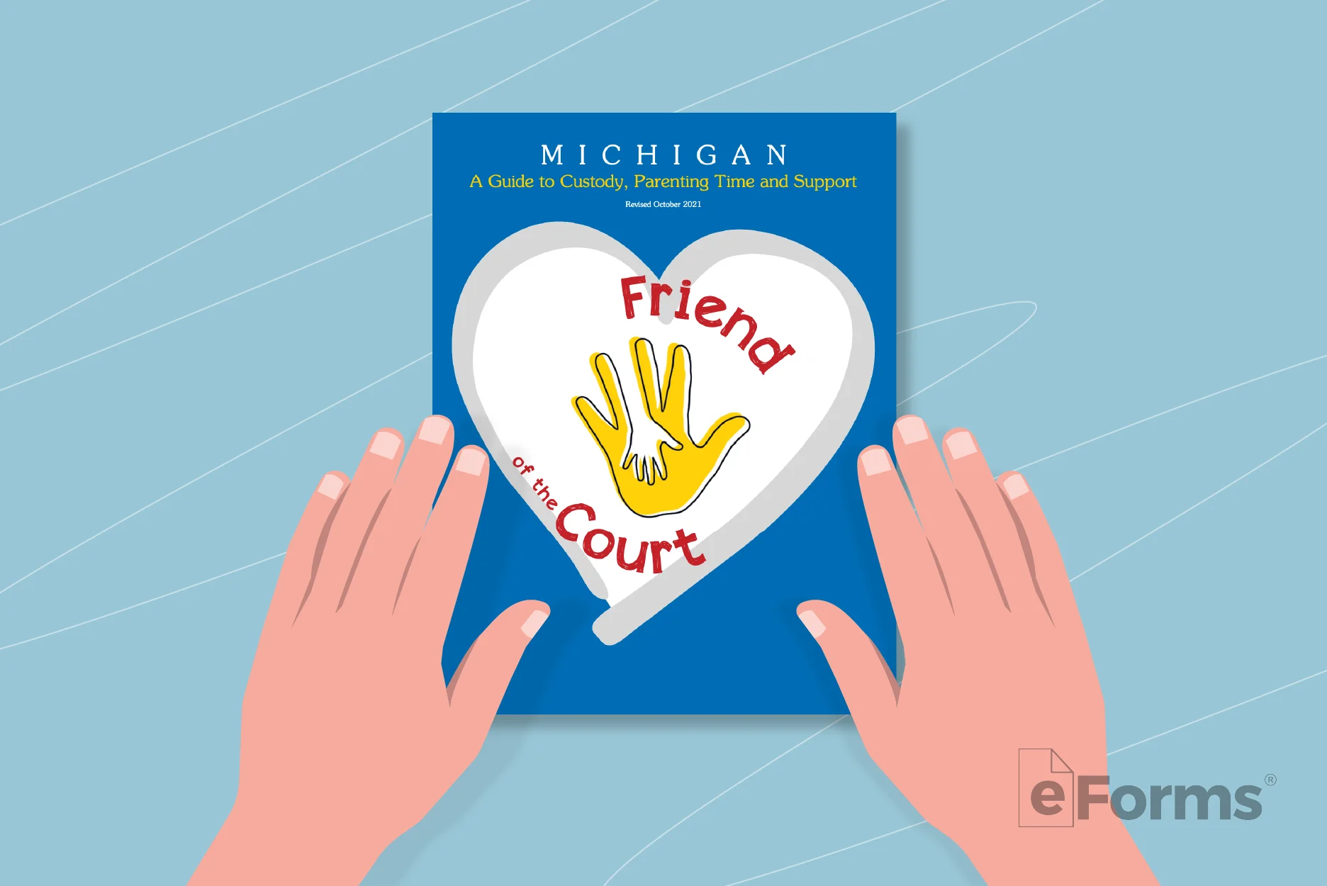Hands holding "Michigan Guide to Custody, Parenting Time and Support Handbook" book.