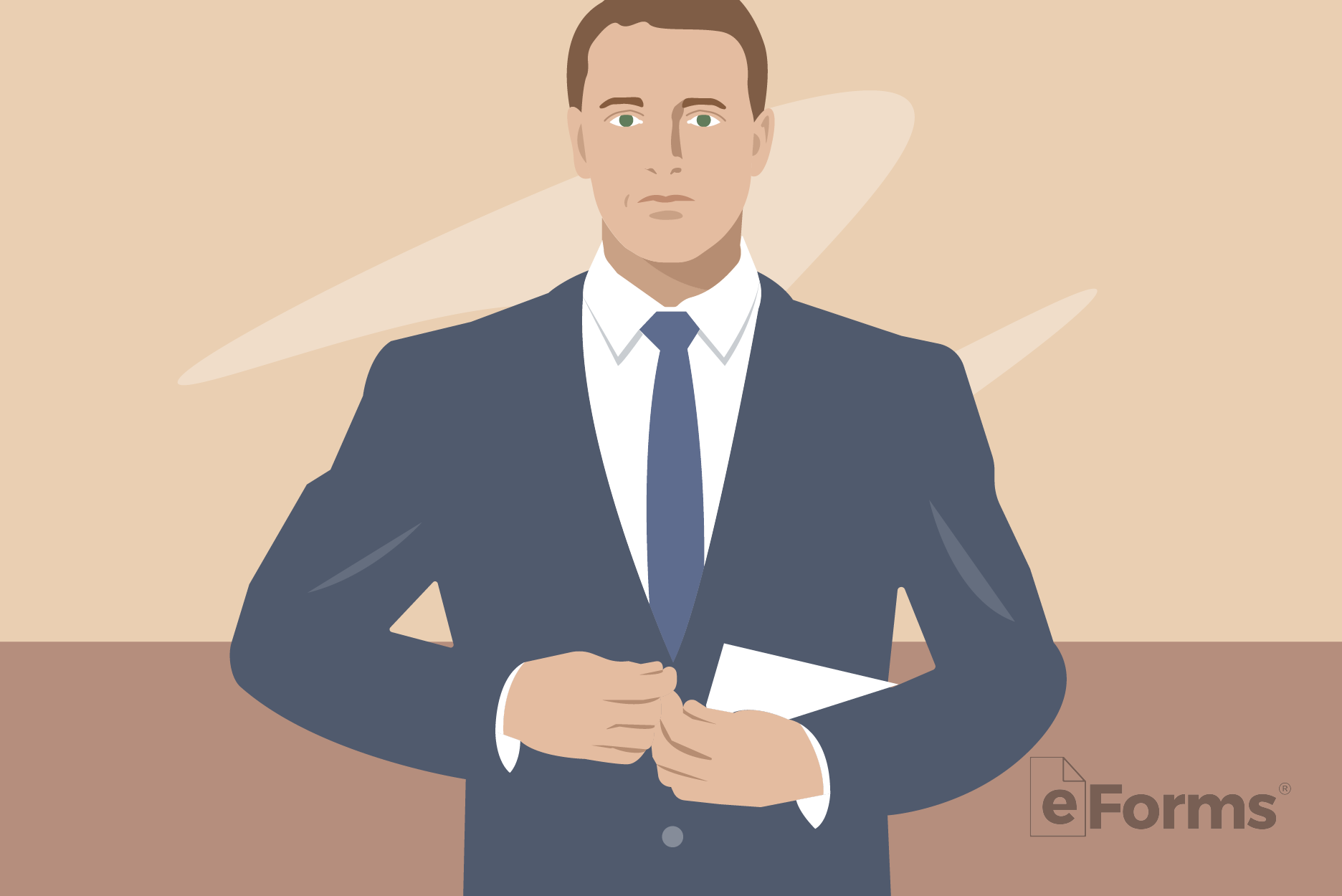 Man buttoning up business suit and holding paperwork.