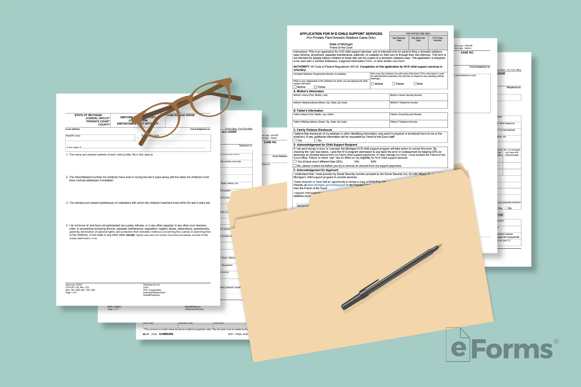 Image showing all 6 of the required forms with file folder, pen, and a pair of glasses.