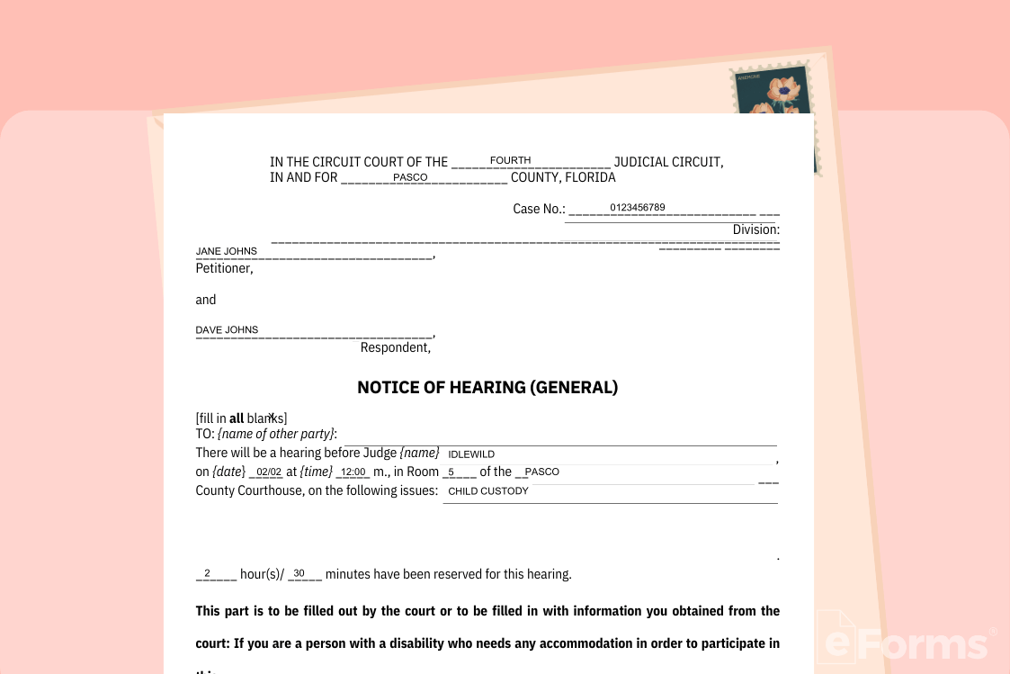 Florida notice of custody hearing paperwork