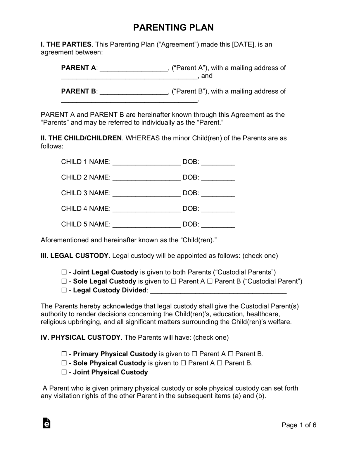 Printable Child Custody Agreement Template